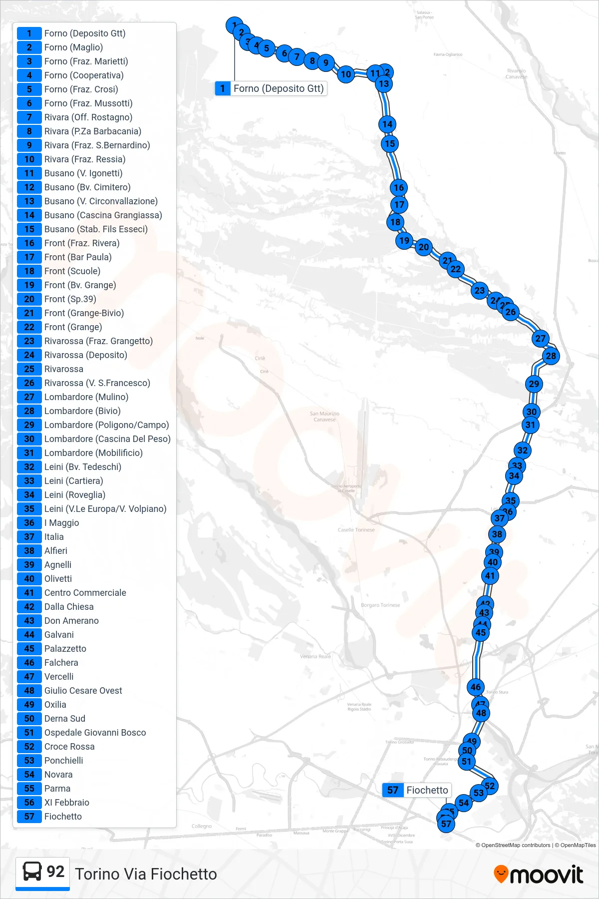 Linea 92  bus (Torino Via Fiochetto) - Percorsi e fermate sulla mappa