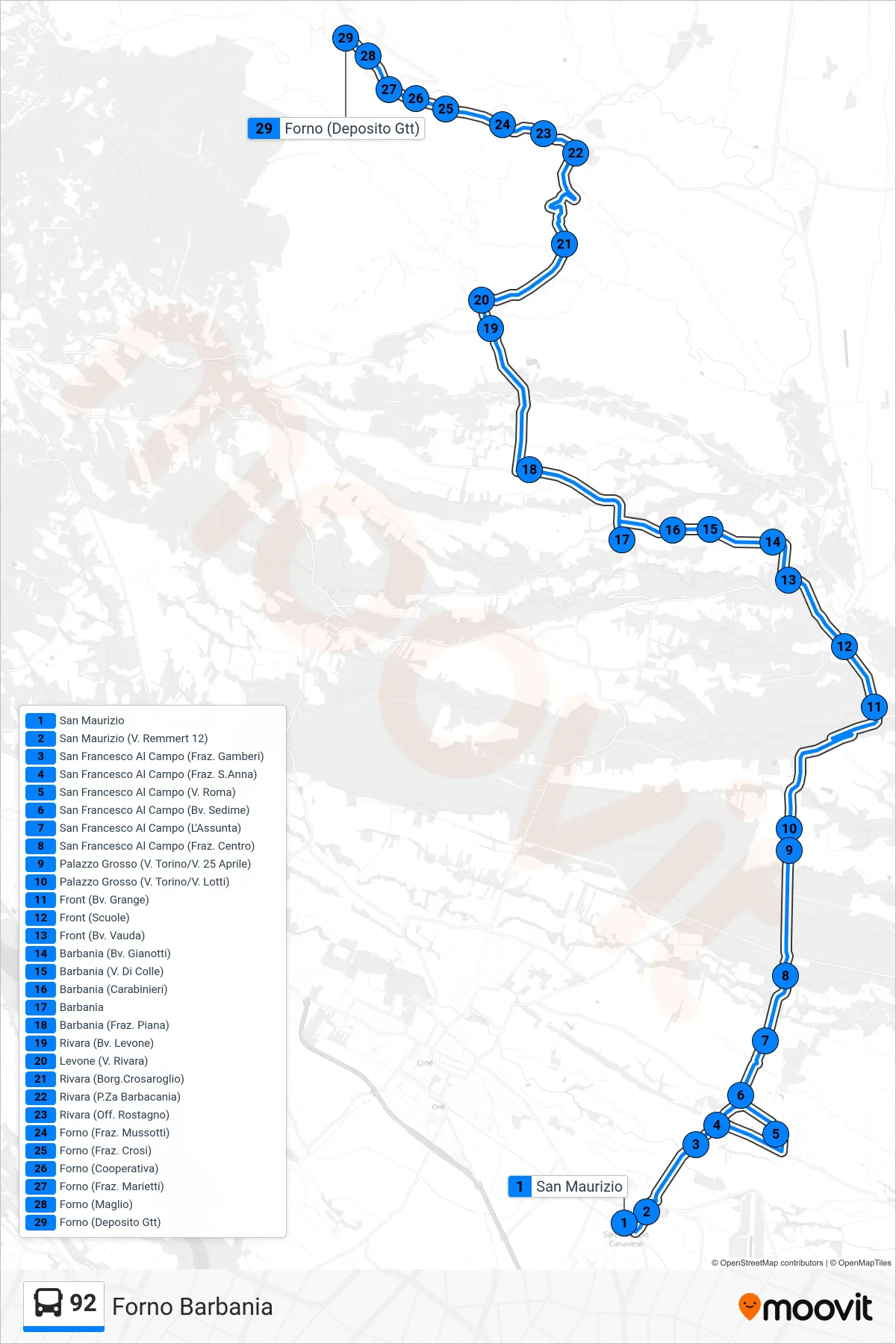 Linea 92 bus (Forno Barbania) - Percorsi e fermate sulla mappa