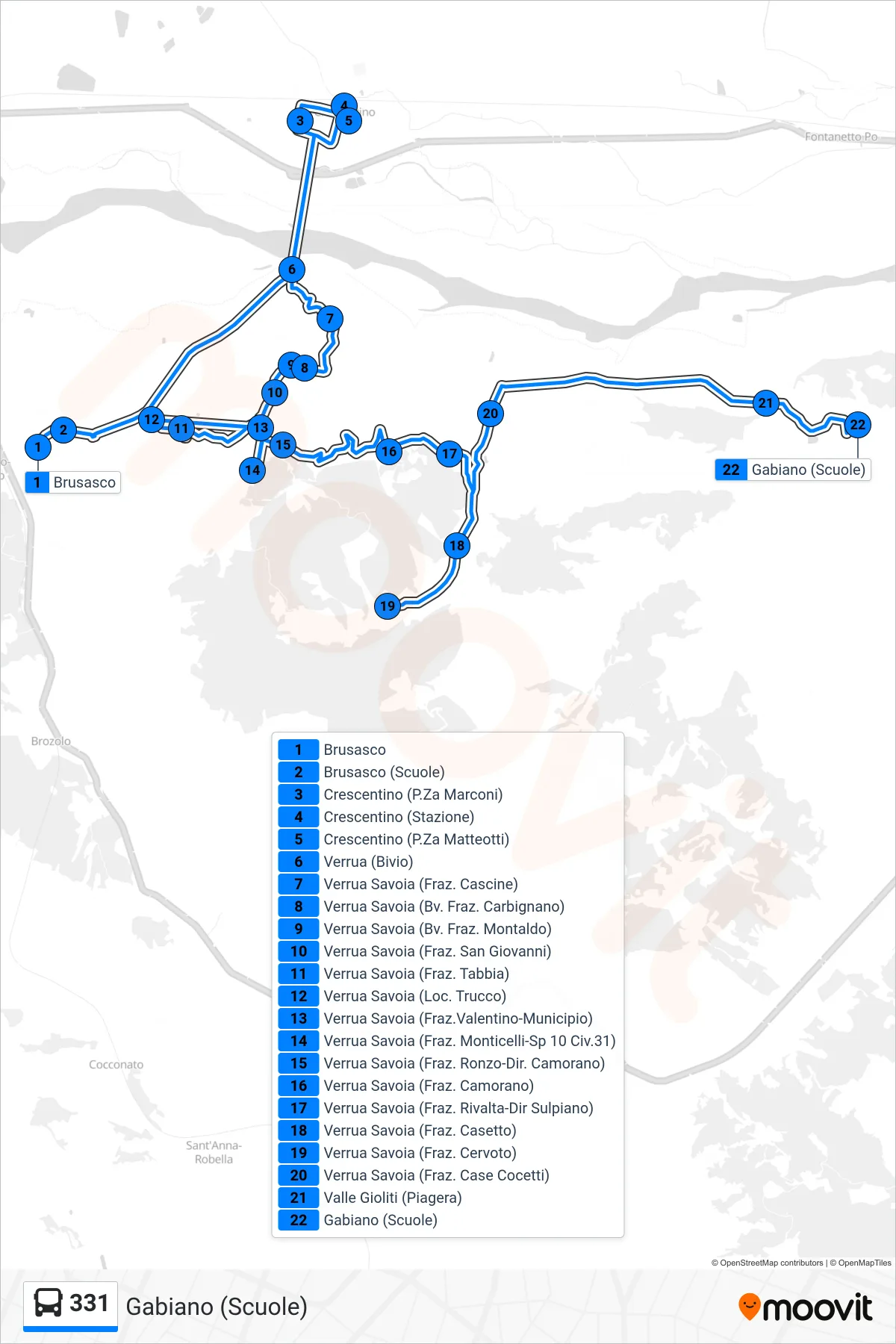 Linea 331 bus (Gabiano (Scuole)) - Percorsi e fermate sulla mappa