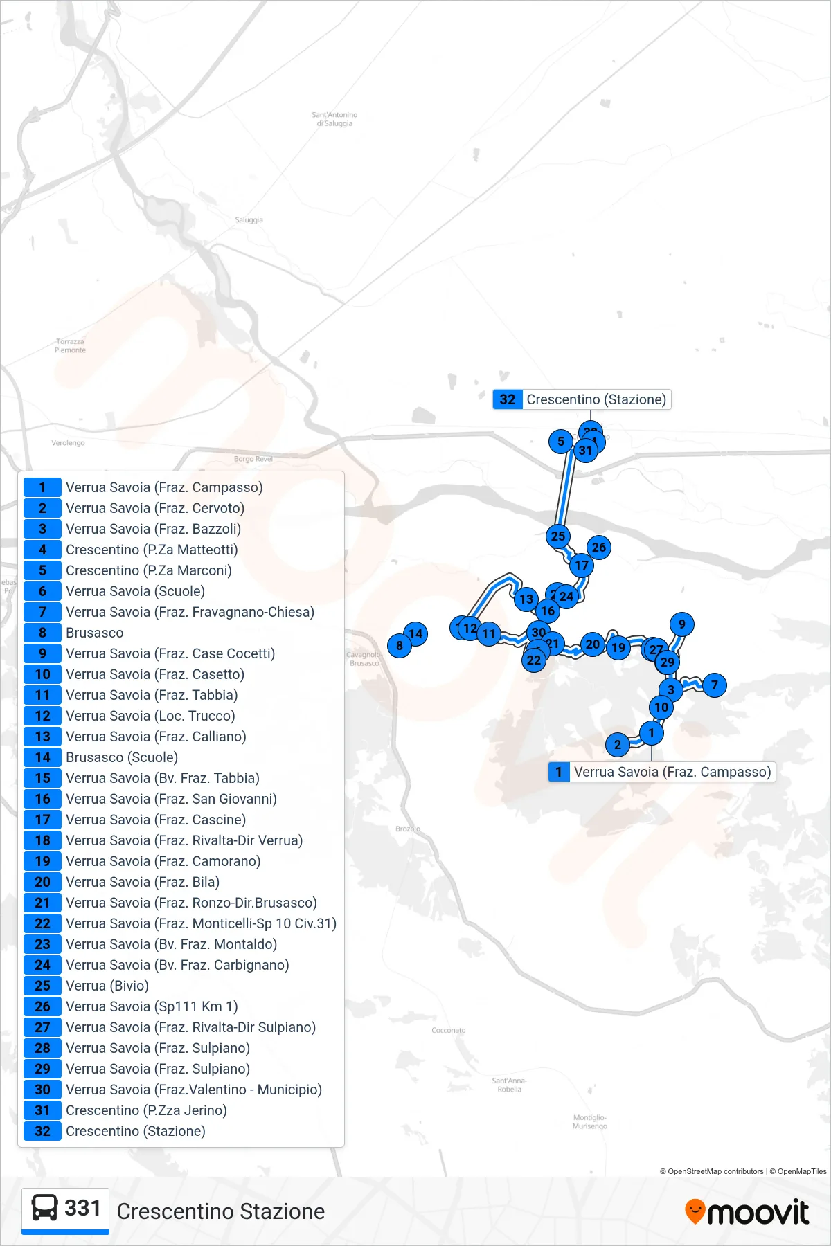 Linea 331 bus (Crescentino Stazione) - Percorsi e fermate sulla mappa