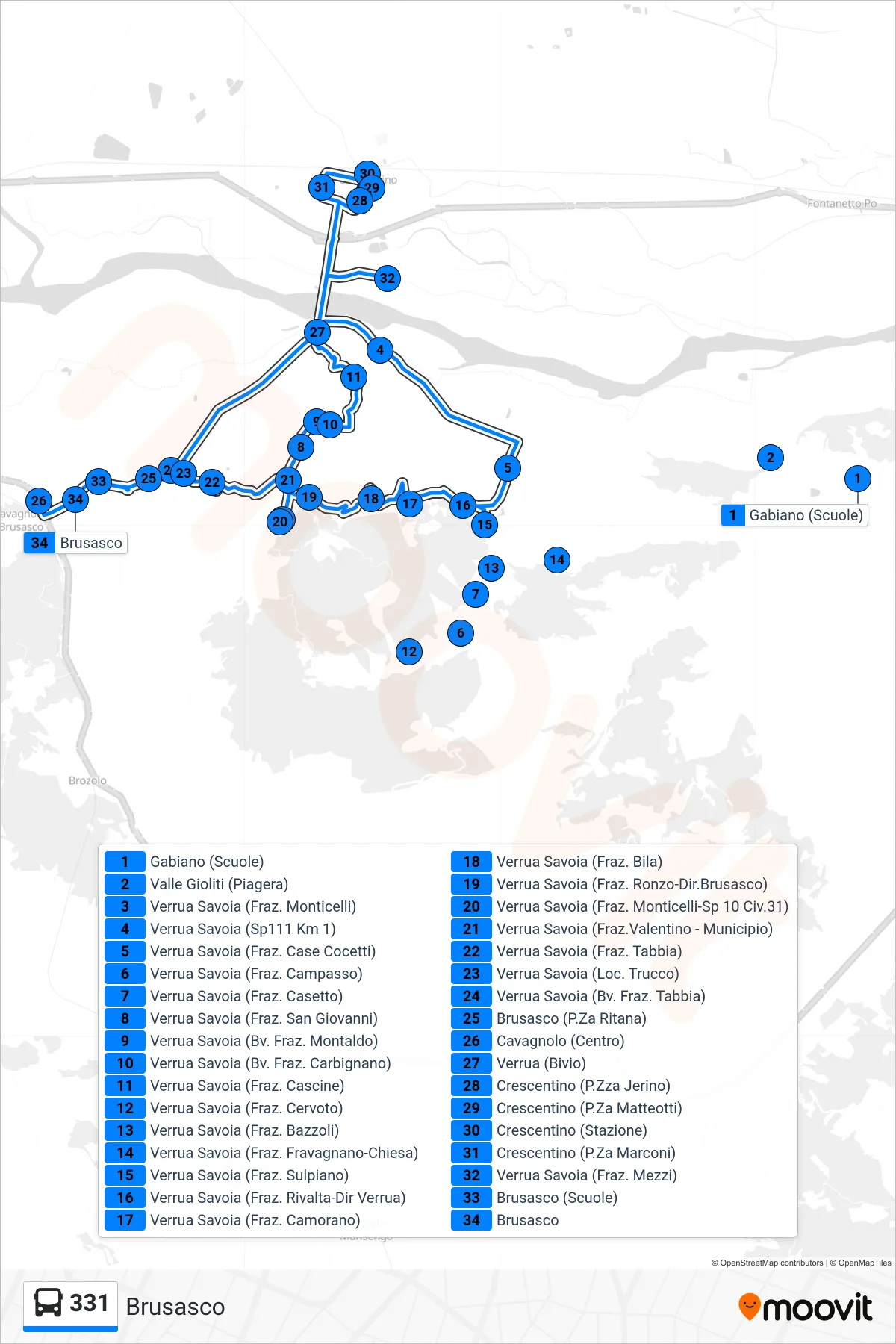 Linea 331  bus (Brusasco) - Percorsi e fermate sulla mappa