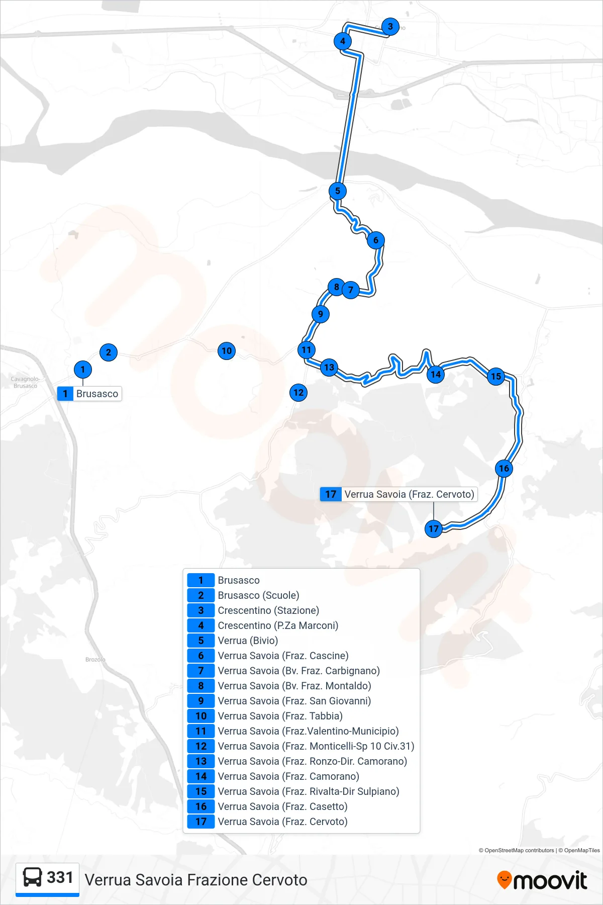 Linea 331 bus (Verrua Savoia Frazione Cervoto) - Percorsi e fermate sulla mappa