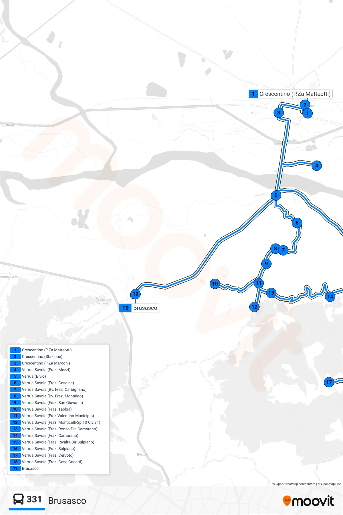 Linea 331  bus (Brusasco) - Percorsi e fermate sulla mappa