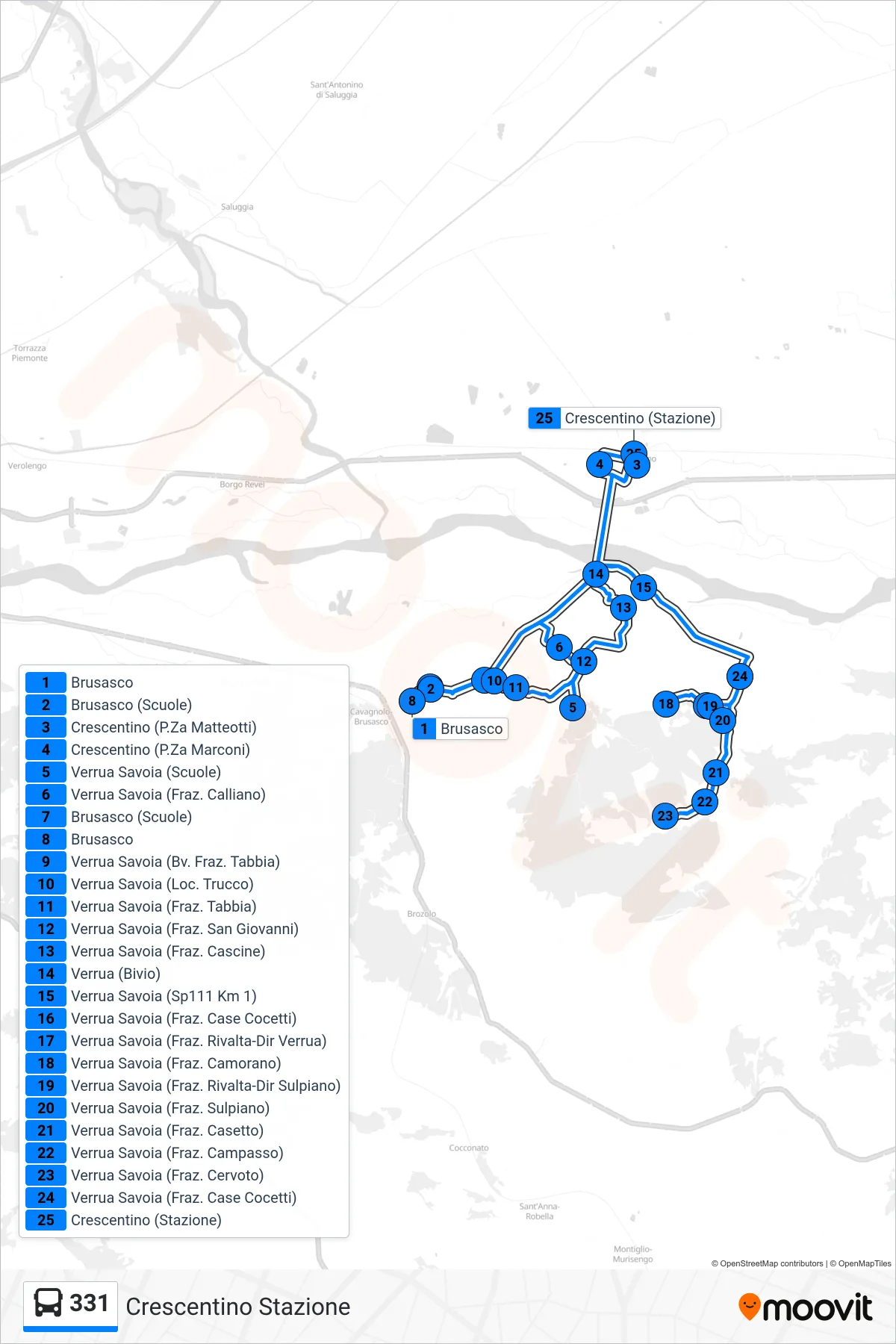 Linea 331 bus (Crescentino Stazione) - Percorsi e fermate sulla mappa
