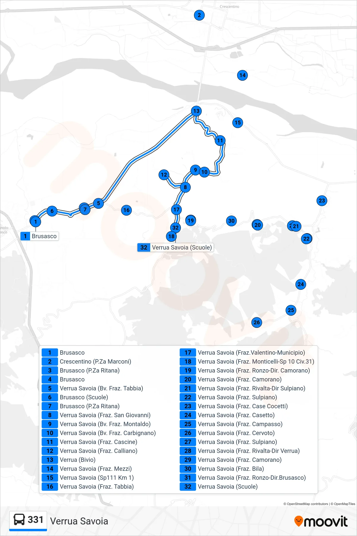 Linea 331 bus (Verrua Savoia) - Percorsi e fermate sulla mappa