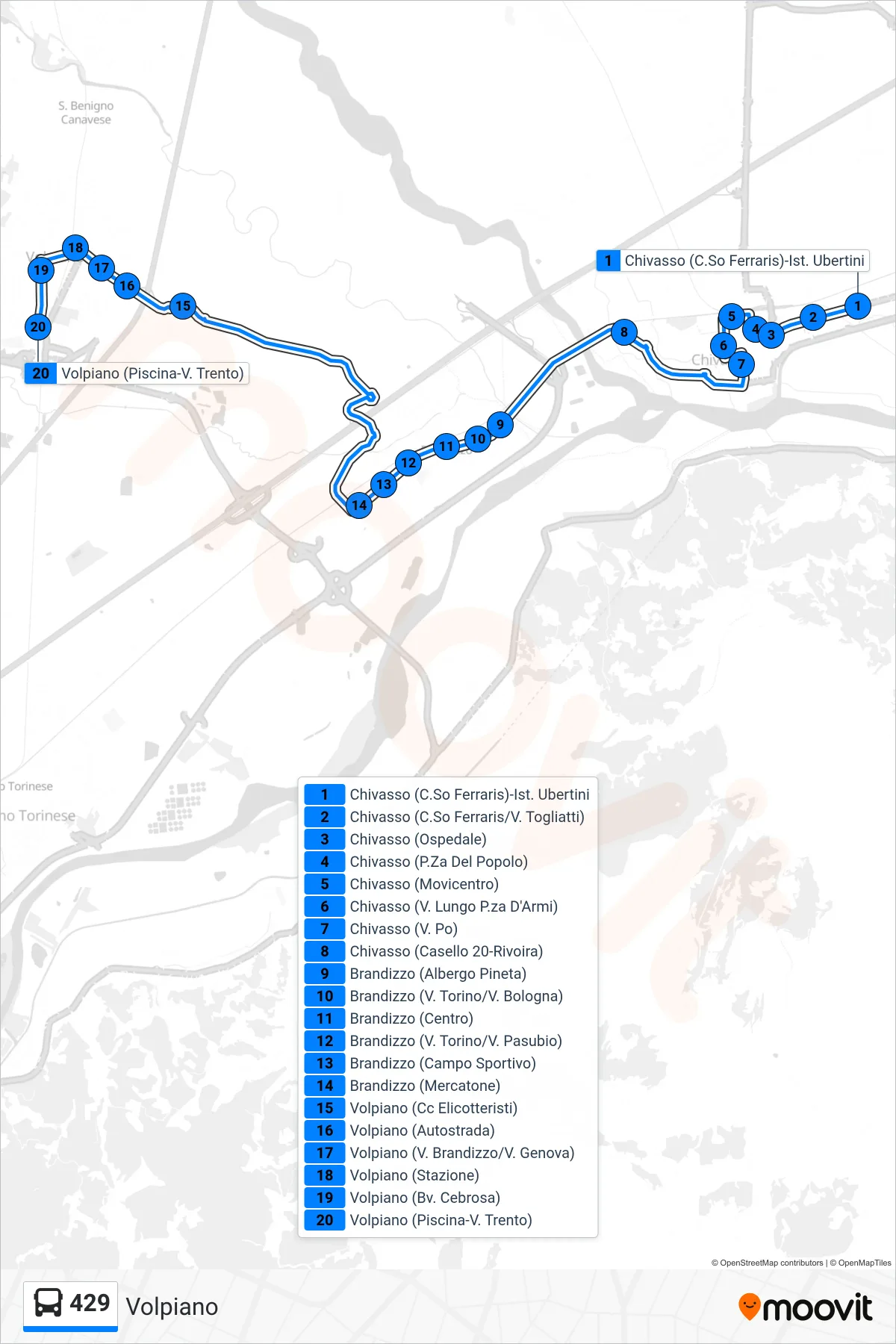 Linea 429 bus (Volpiano) - Percorsi e fermate sulla mappa