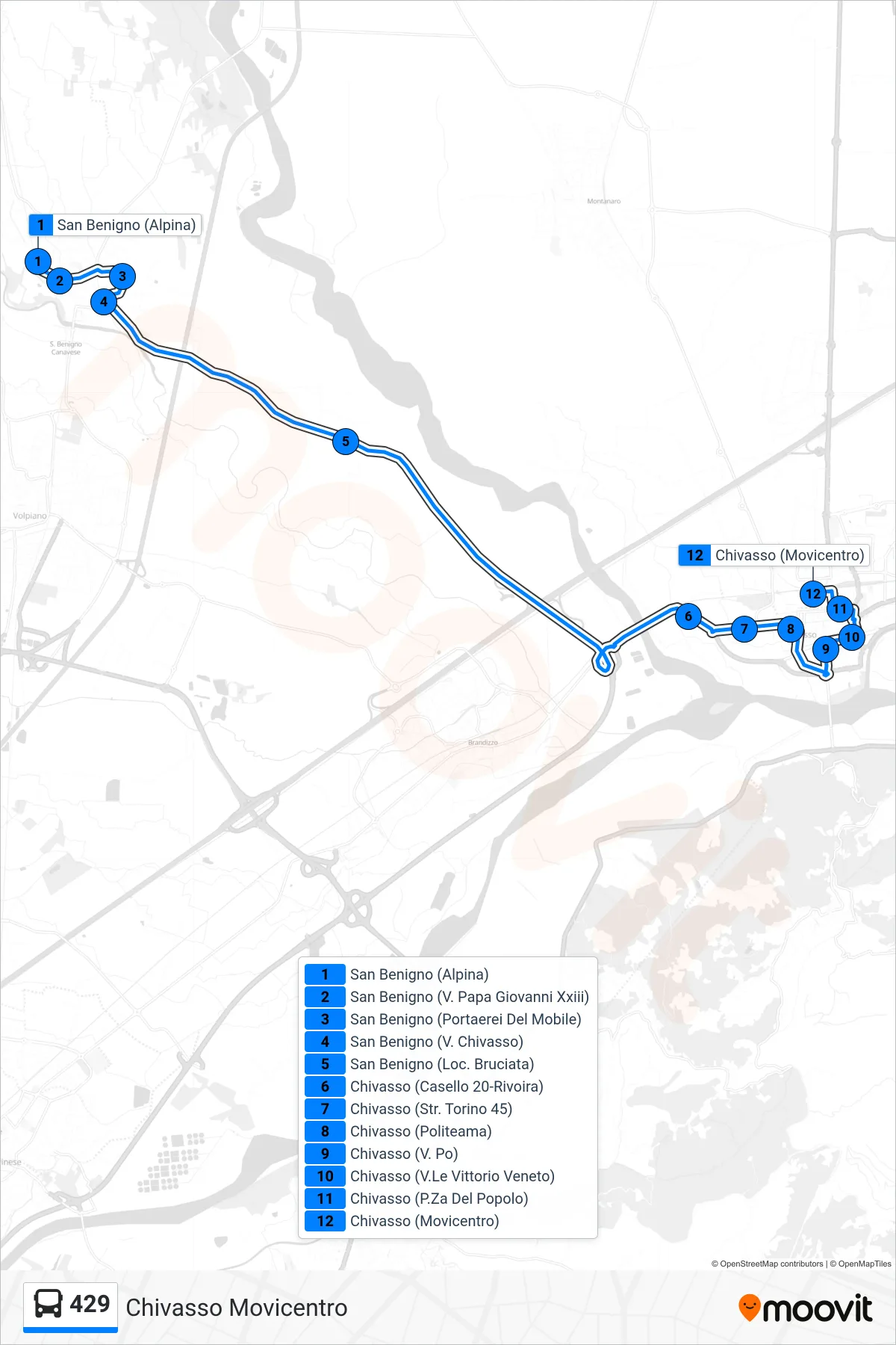 Linea 429 bus (Chivasso Movicentro) - Percorsi e fermate sulla mappa