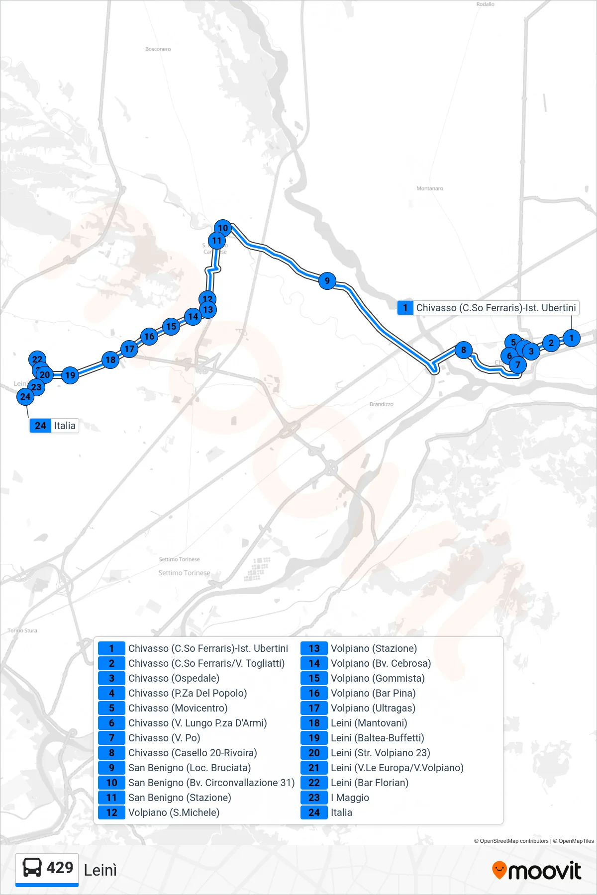 Linea 429 bus (Leinì) - Percorsi e fermate sulla mappa
