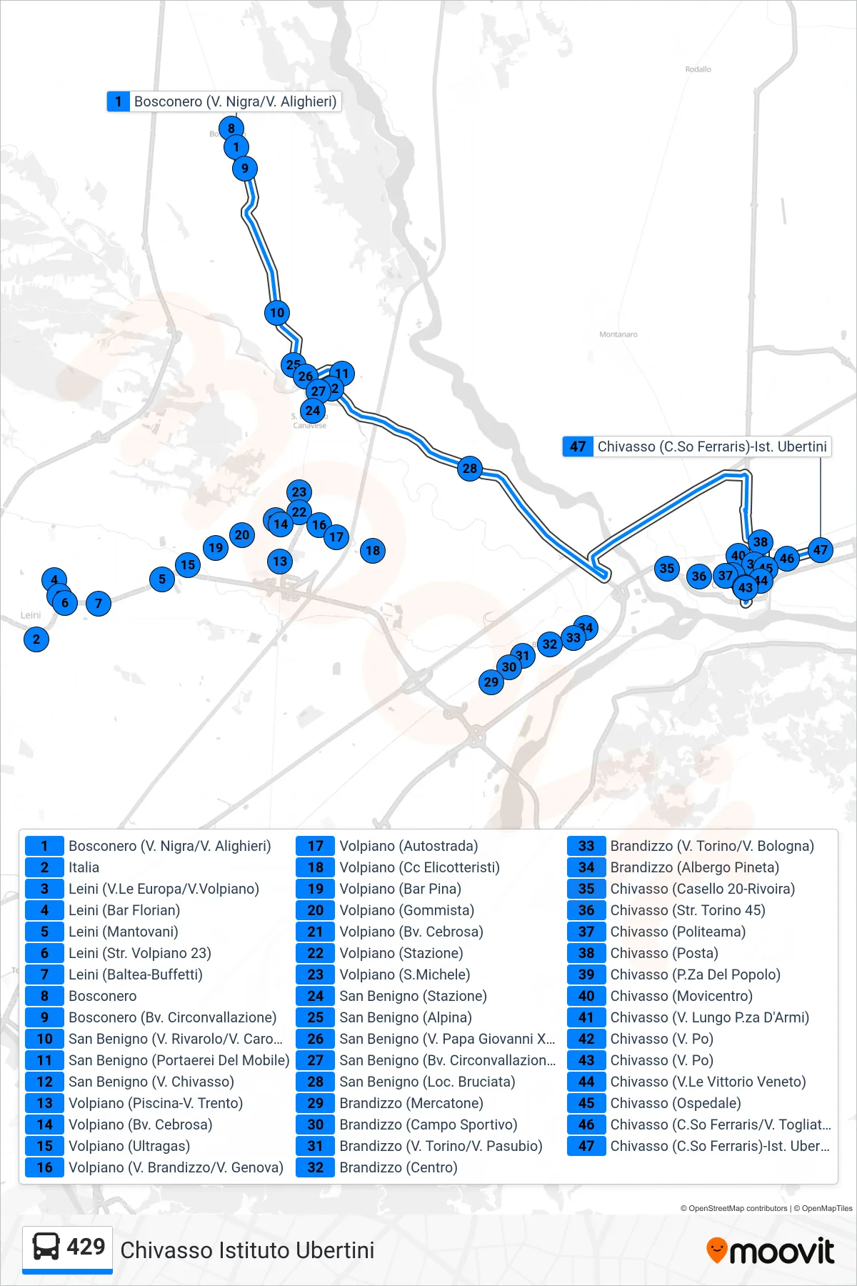 Linea 429  bus (Chivasso Istituto Ubertini) - Percorsi e fermate sulla mappa