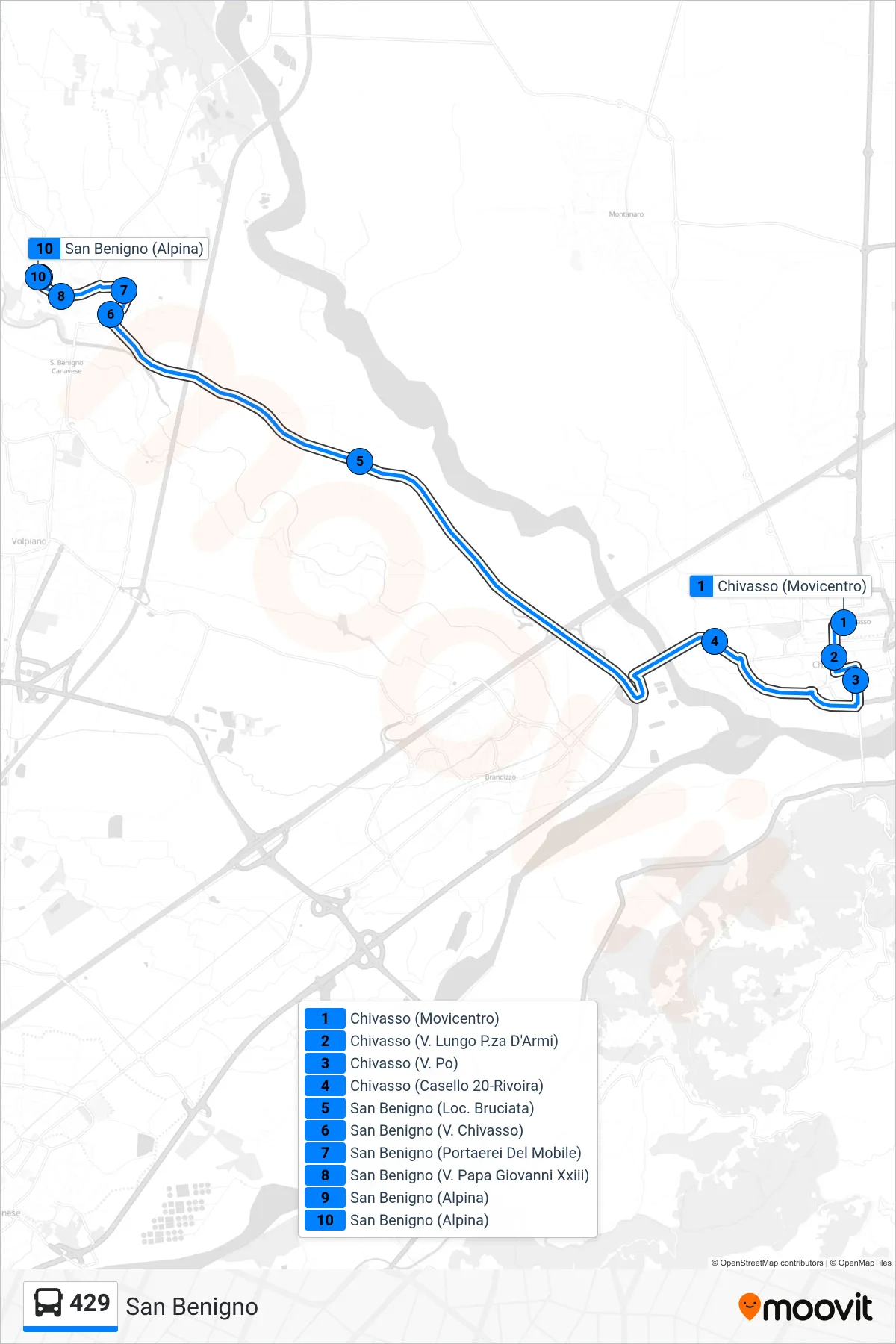 Linea 429 bus (San Benigno) - Percorsi e fermate sulla mappa