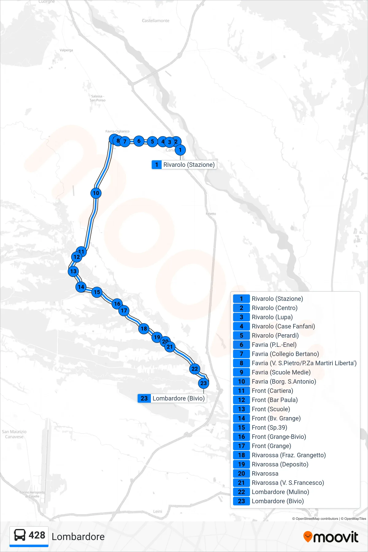 428 bus Line (Lombardore) route and stops on a map