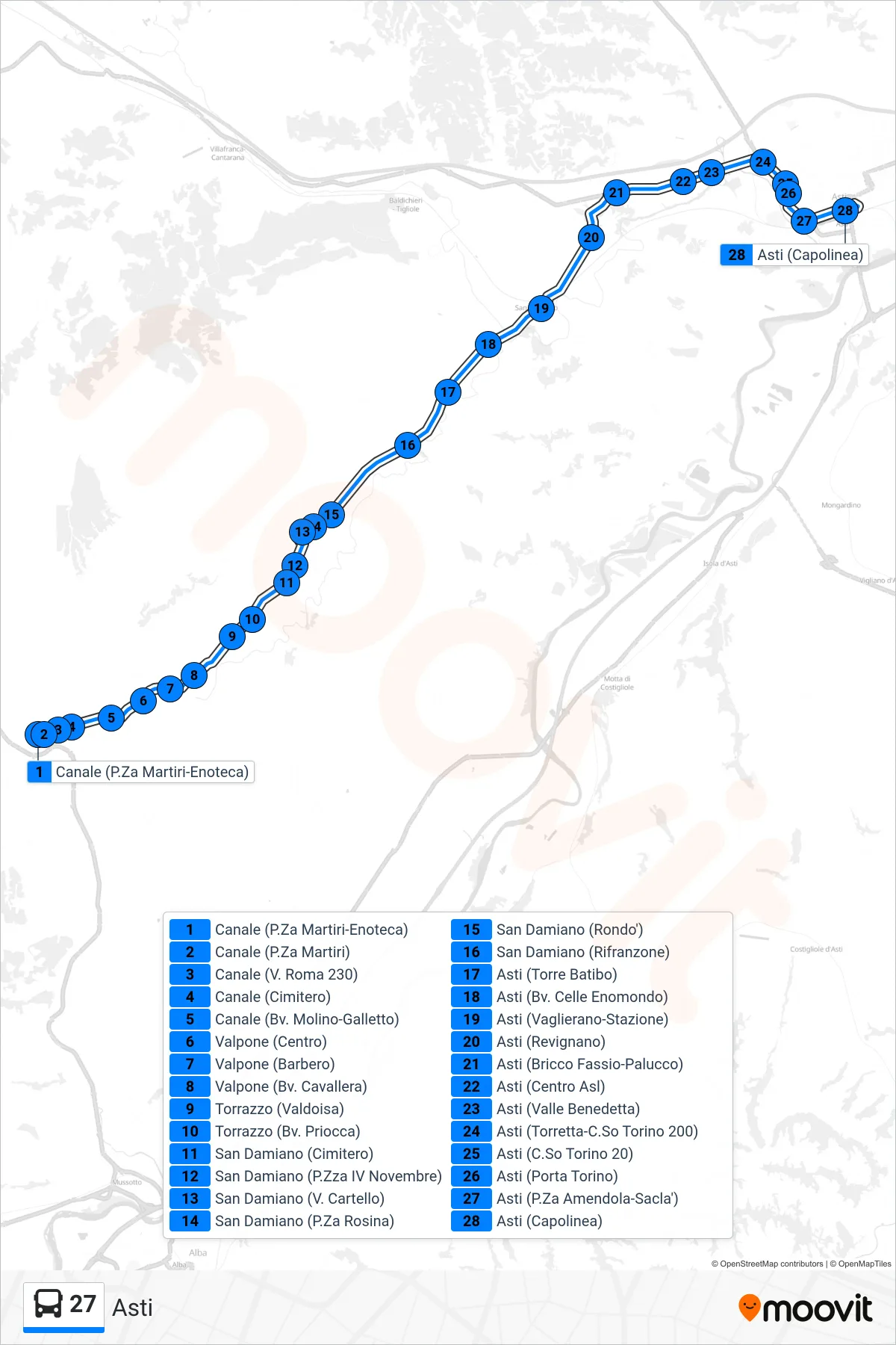 Linea 27  bus (Asti) - Percorsi e fermate sulla mappa