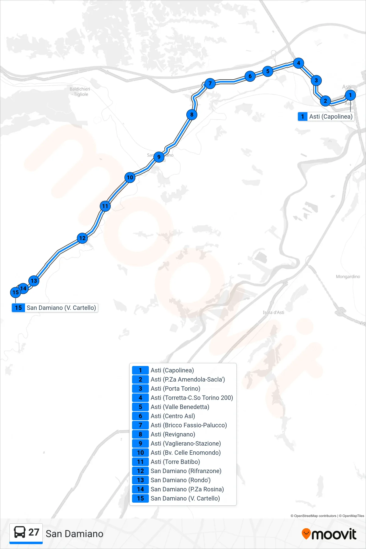 Linea 27 bus (San Damiano) - Percorsi e fermate sulla mappa