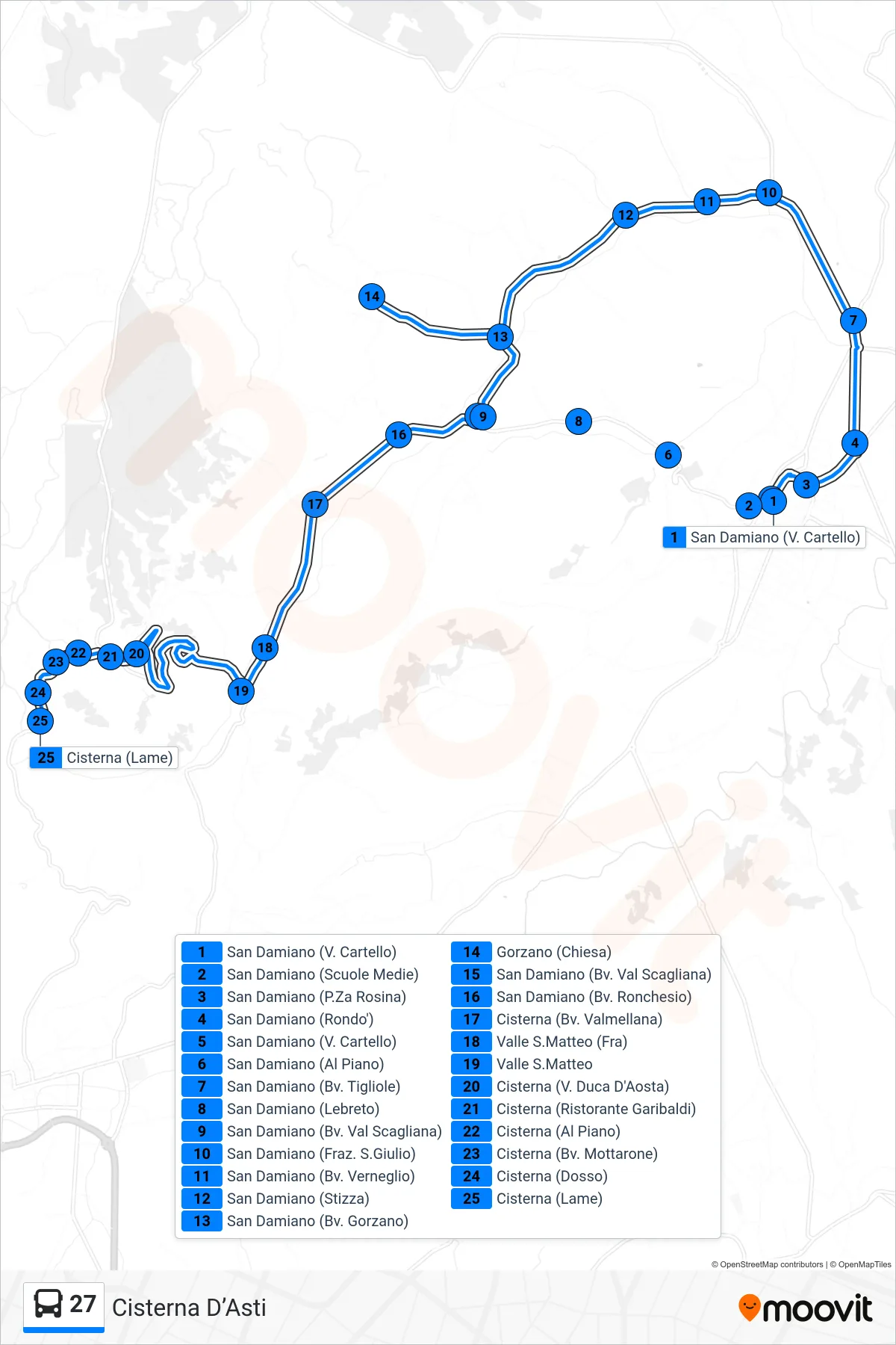 Linea 27 bus (Cisterna D’Asti) - Percorsi e fermate sulla mappa