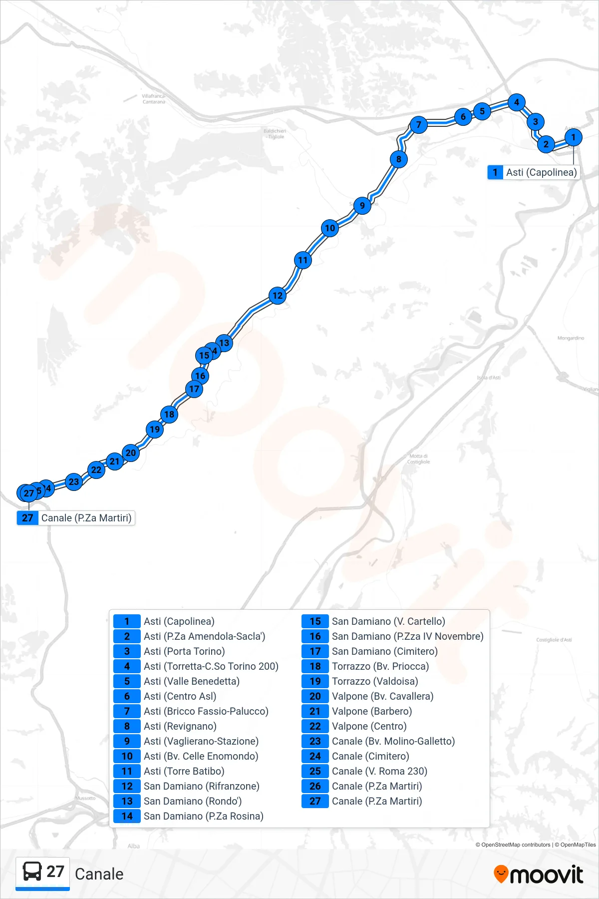 27 bus Line (Channel) route and stops on a map