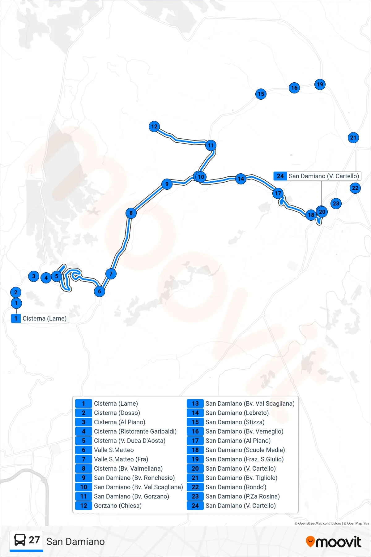 Linea 27 bus (San Damiano) - Percorsi e fermate sulla mappa