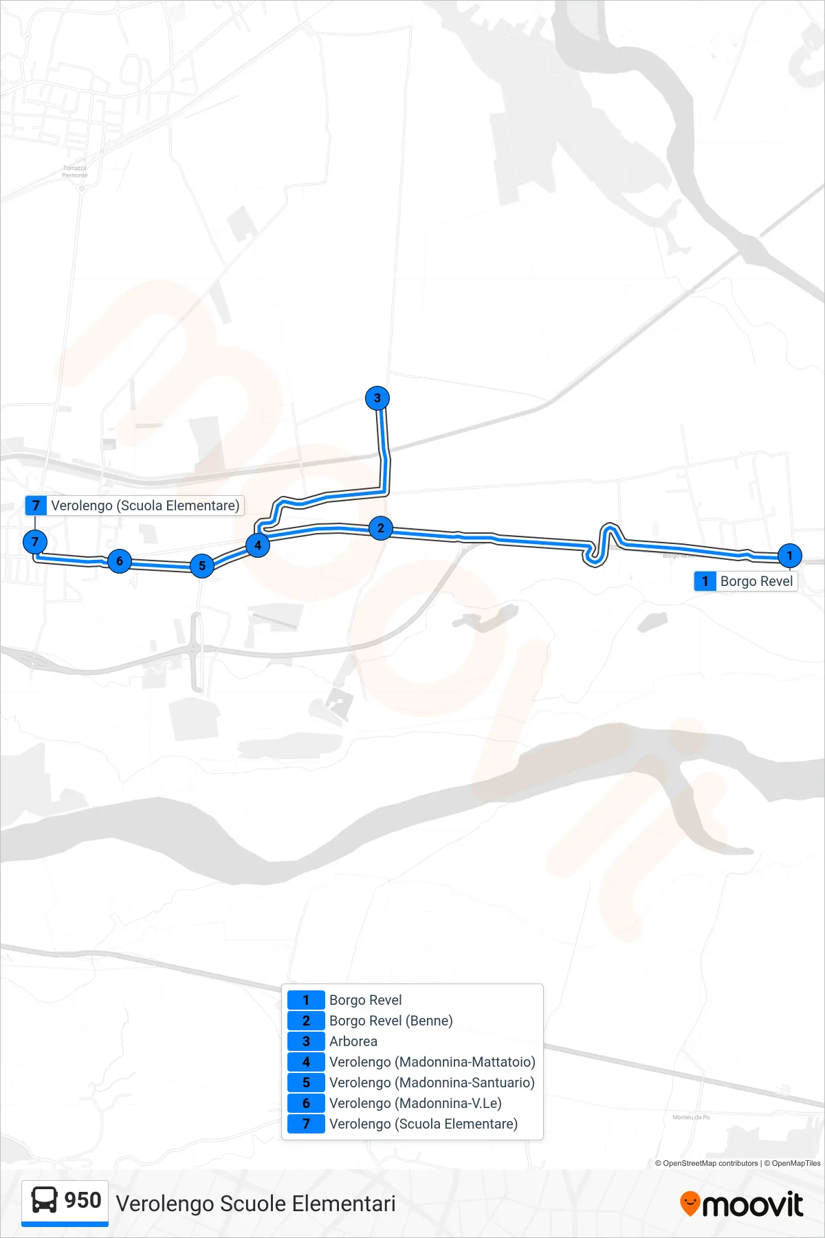 Linea 950 bus (Verolengo Scuole Elementari) - Percorsi e fermate sulla mappa