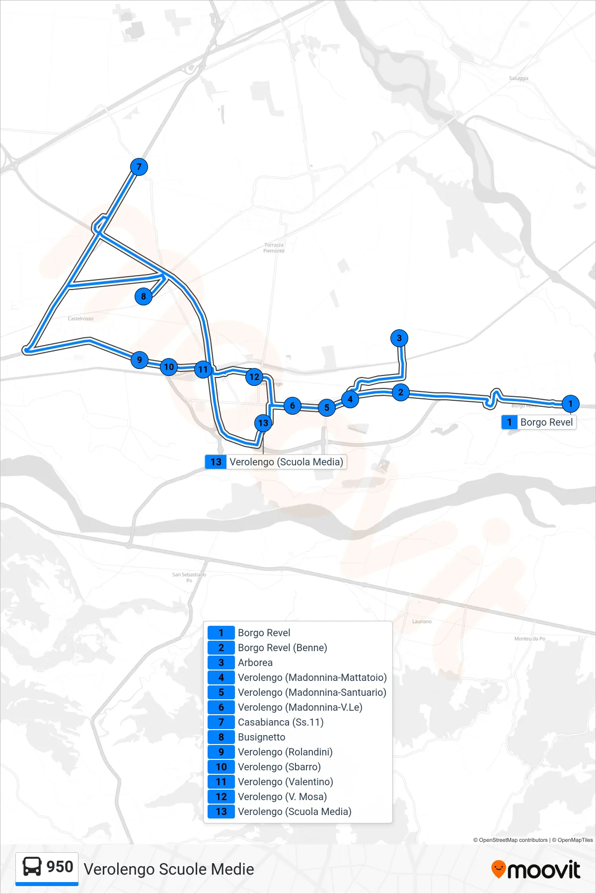 Linea 950 bus (Verolengo Scuole Medie) - Percorsi e fermate sulla mappa