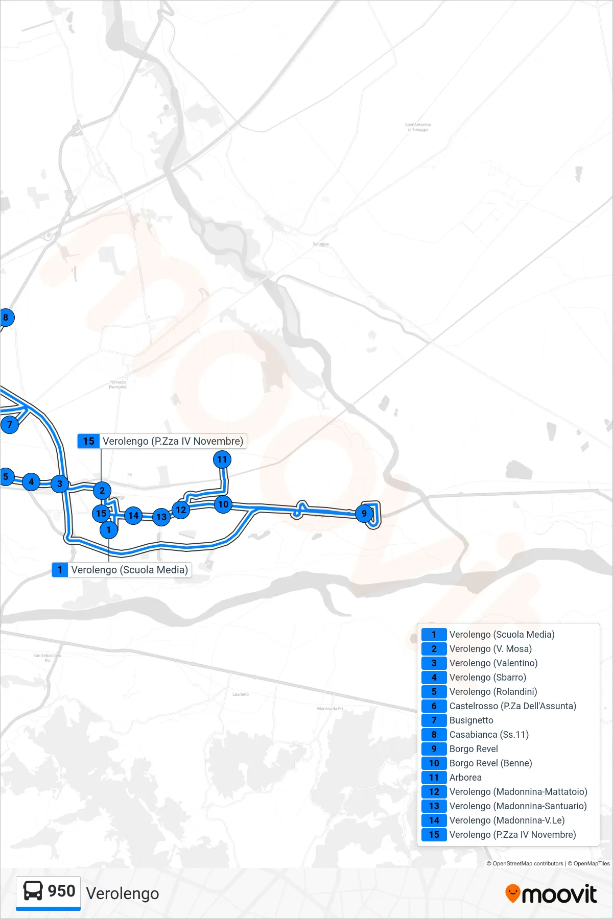 Linea 950 bus (Verolengo) - Percorsi e fermate sulla mappa