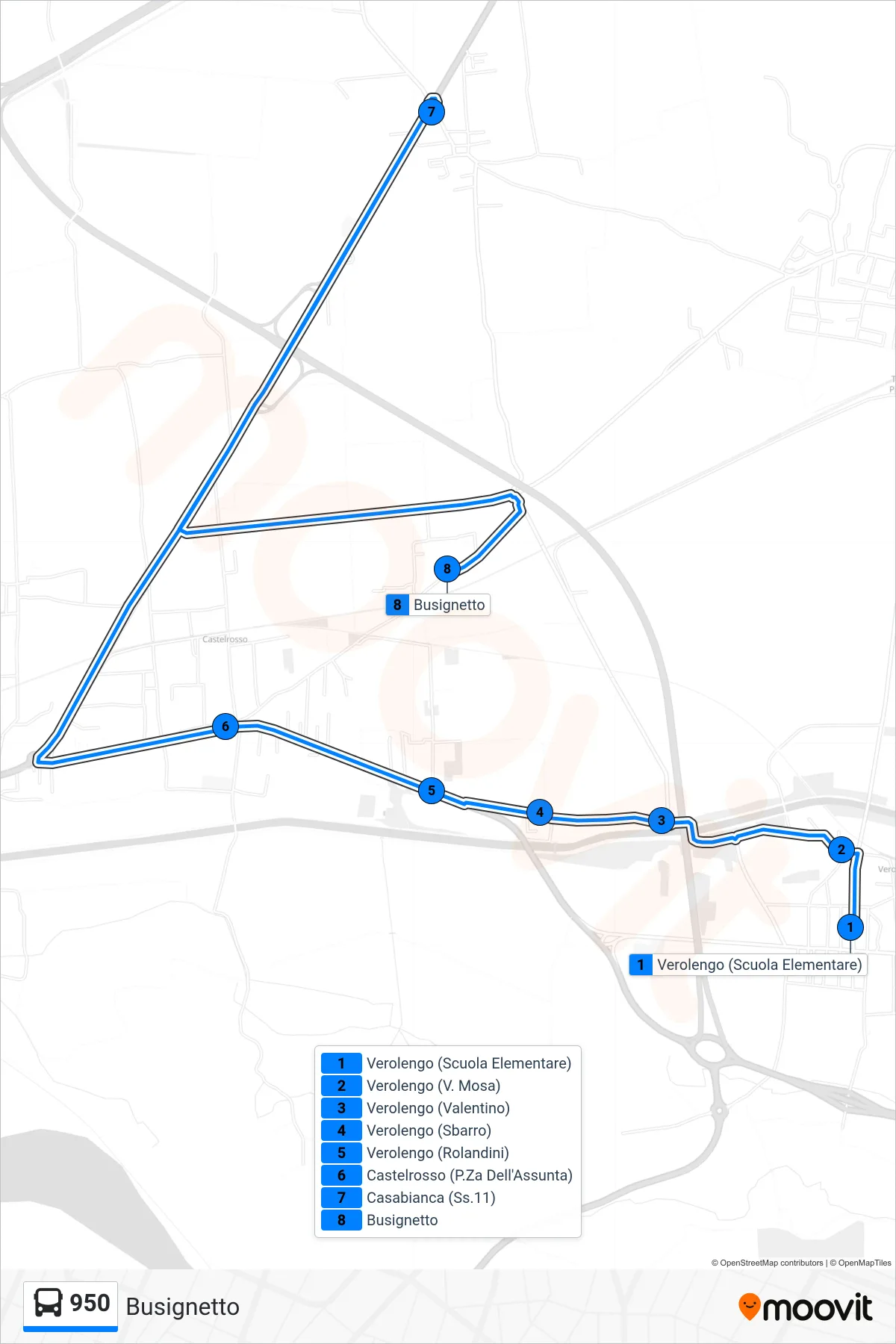 950 bus Line (Busignetto) route and stops on a map
