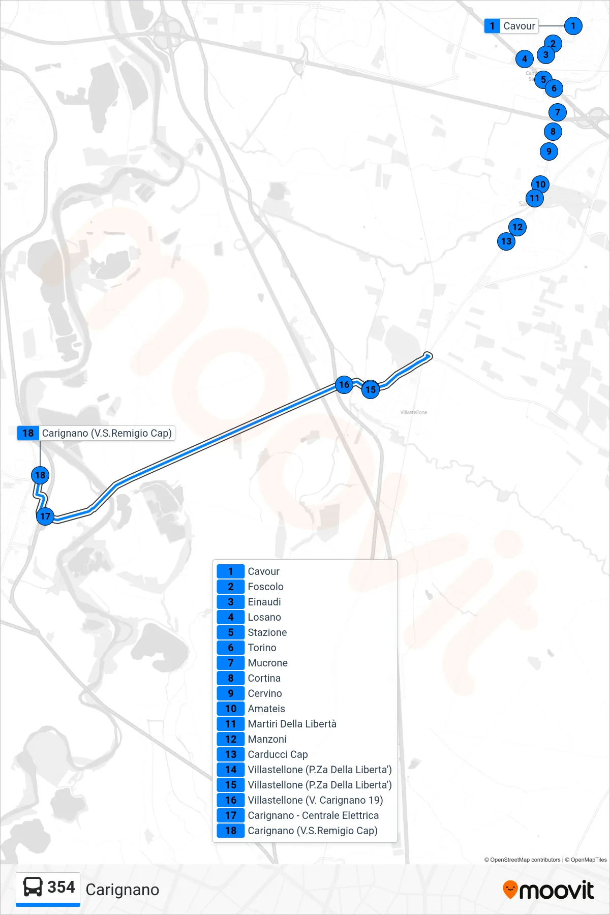 Linea 354 bus (Carignano) - Percorsi e fermate sulla mappa