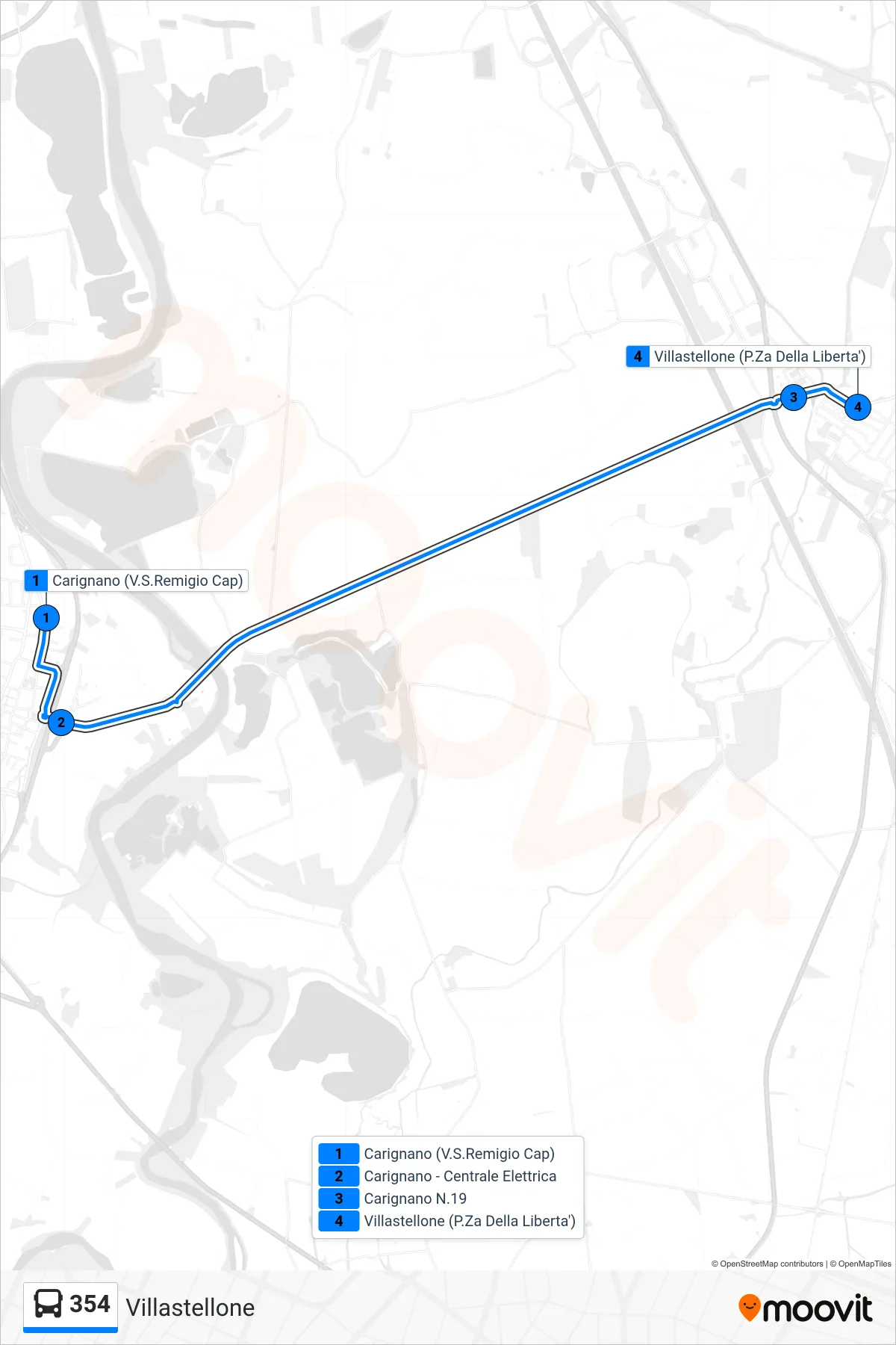 Linea 354 bus (Villastellone) - Percorsi e fermate sulla mappa