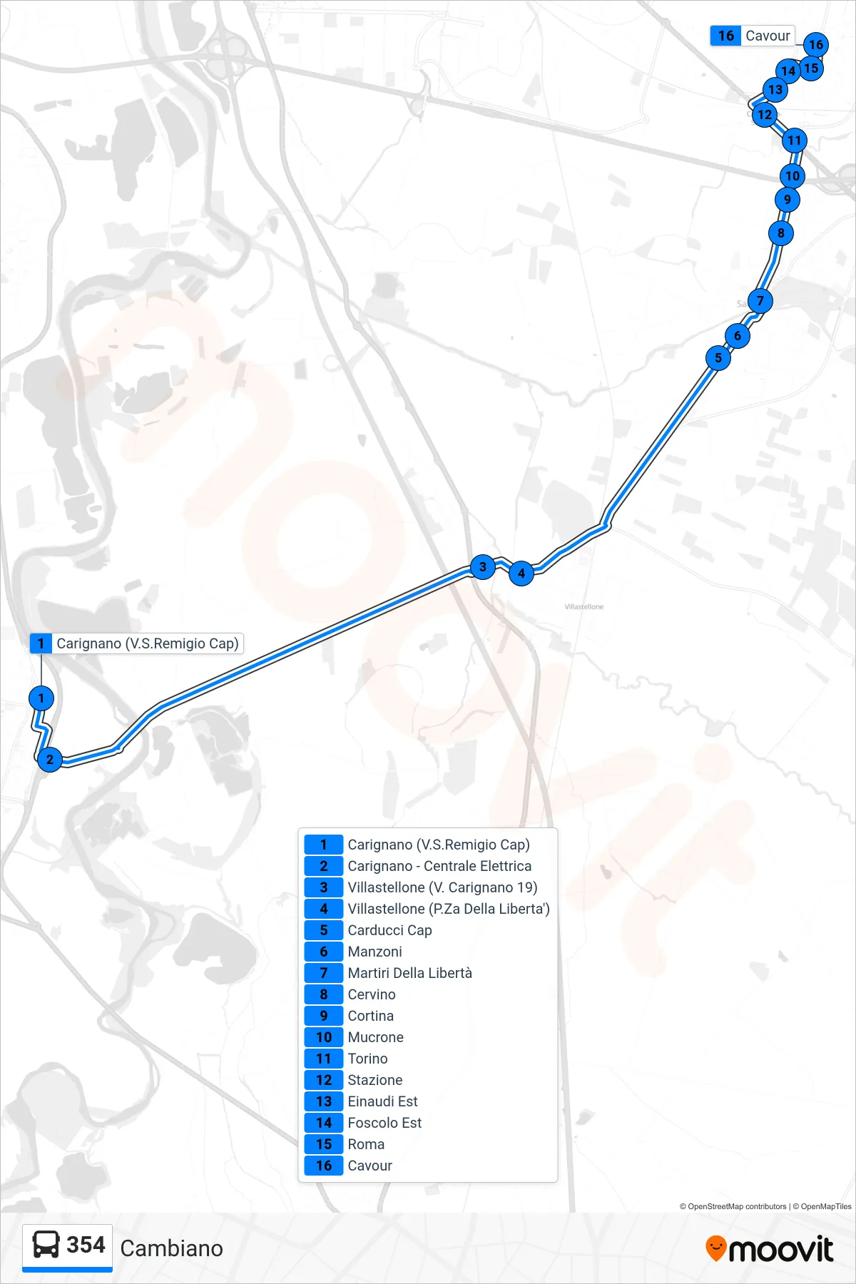 Linea 354  bus (Cambiano) - Percorsi e fermate sulla mappa