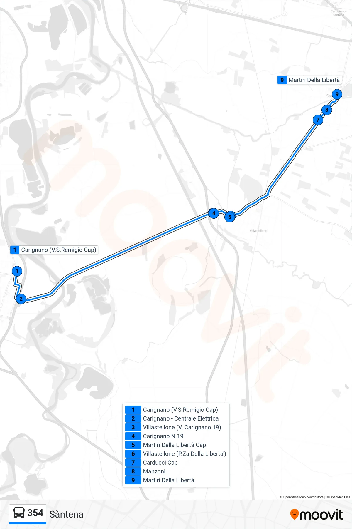 Linea 354 bus (Sàntena) - Percorsi e fermate sulla mappa