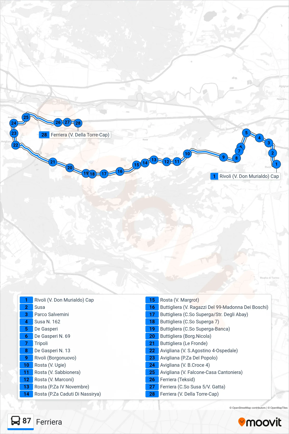 Linea 87  bus (Ferriera) - Percorsi e fermate sulla mappa