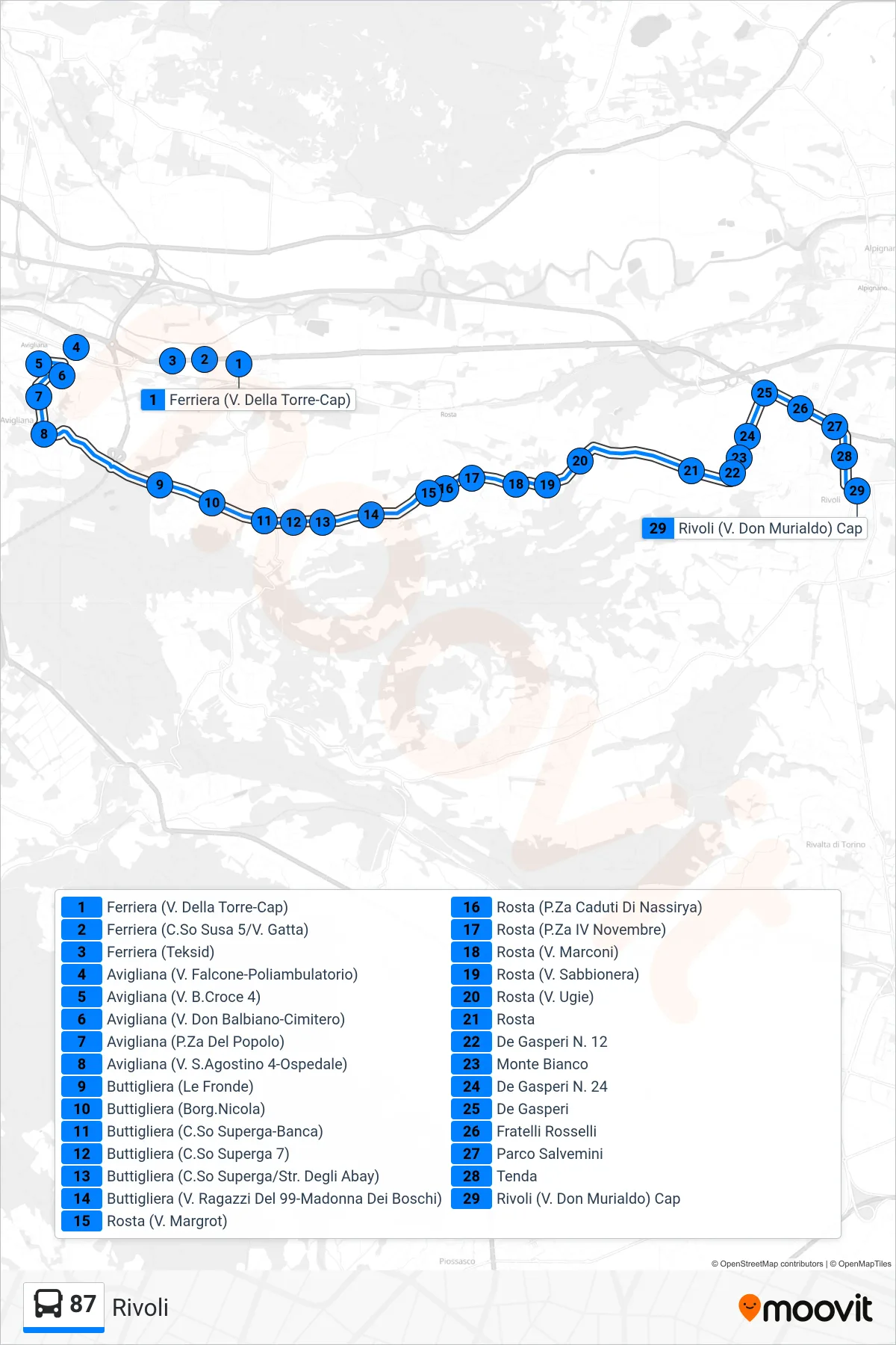 Linea 87  bus (Rivoli) - Percorsi e fermate sulla mappa