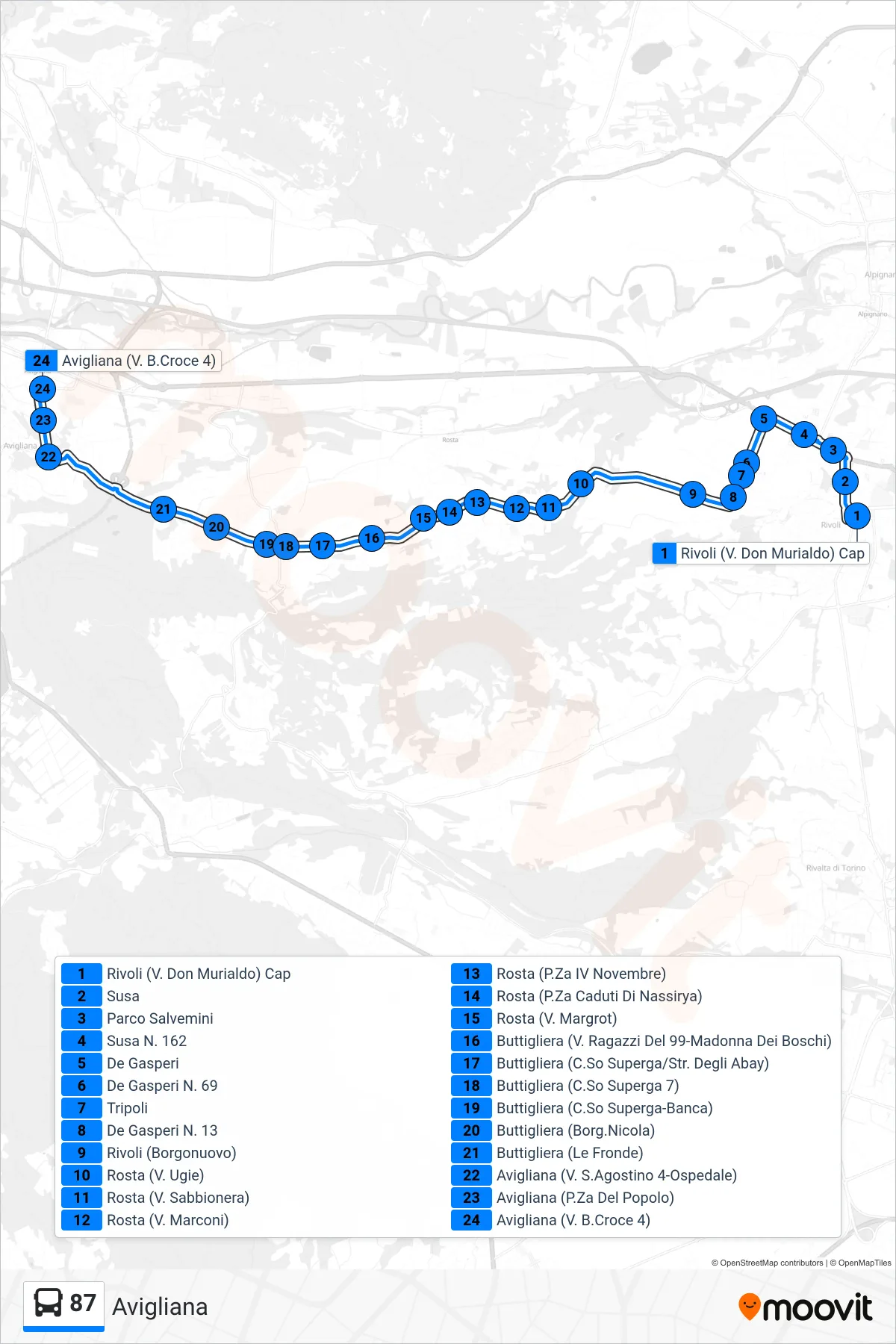 Linea 87  bus (Avigliana) - Percorsi e fermate sulla mappa