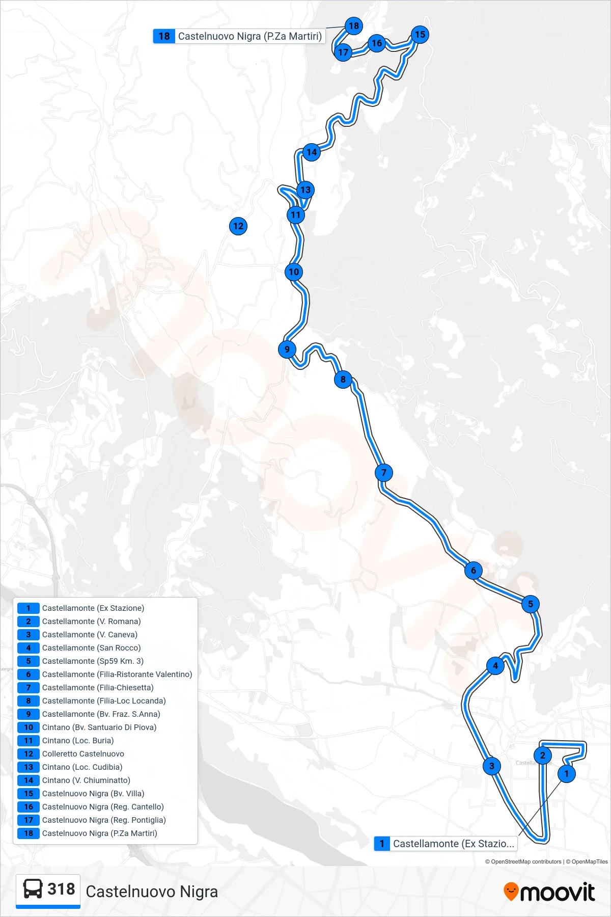Linea 318  bus (Castelnuovo Nigra) - Percorsi e fermate sulla mappa