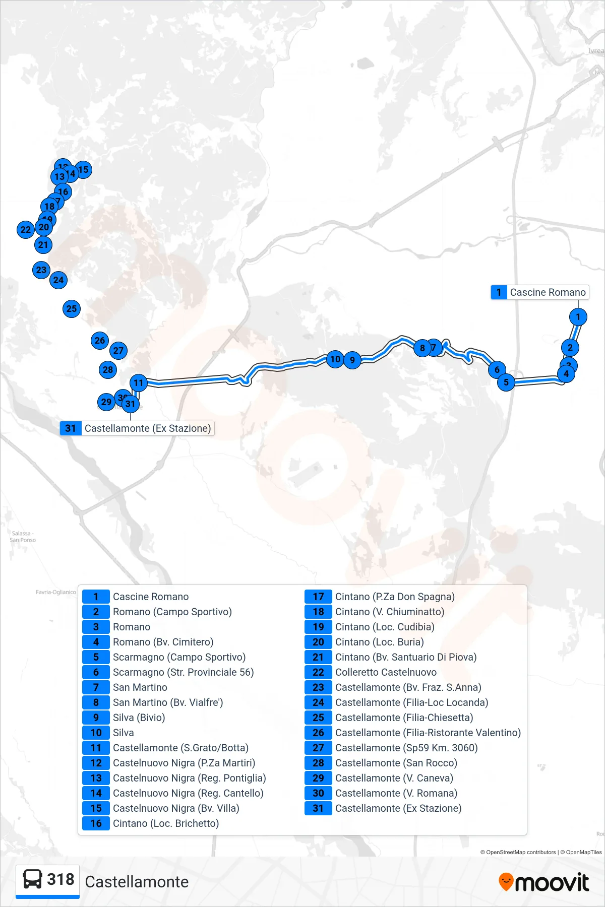 Linea 318 bus (Castellamonte) - Percorsi e fermate sulla mappa