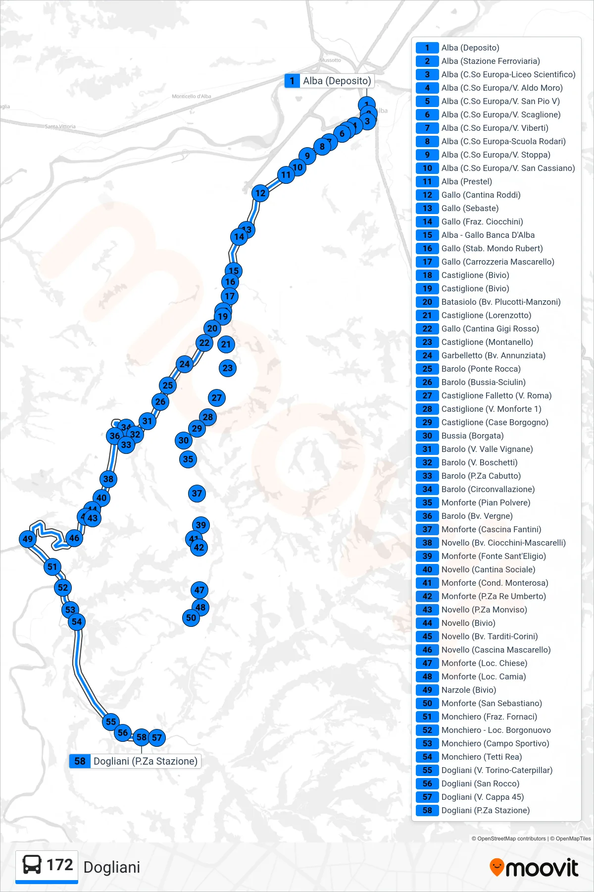Linea 172  bus (Dogliani) - Percorsi e fermate sulla mappa