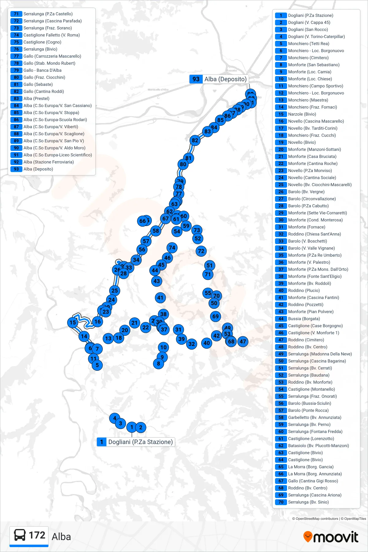 Linea 172 bus (Alba) - Percorsi e fermate sulla mappa