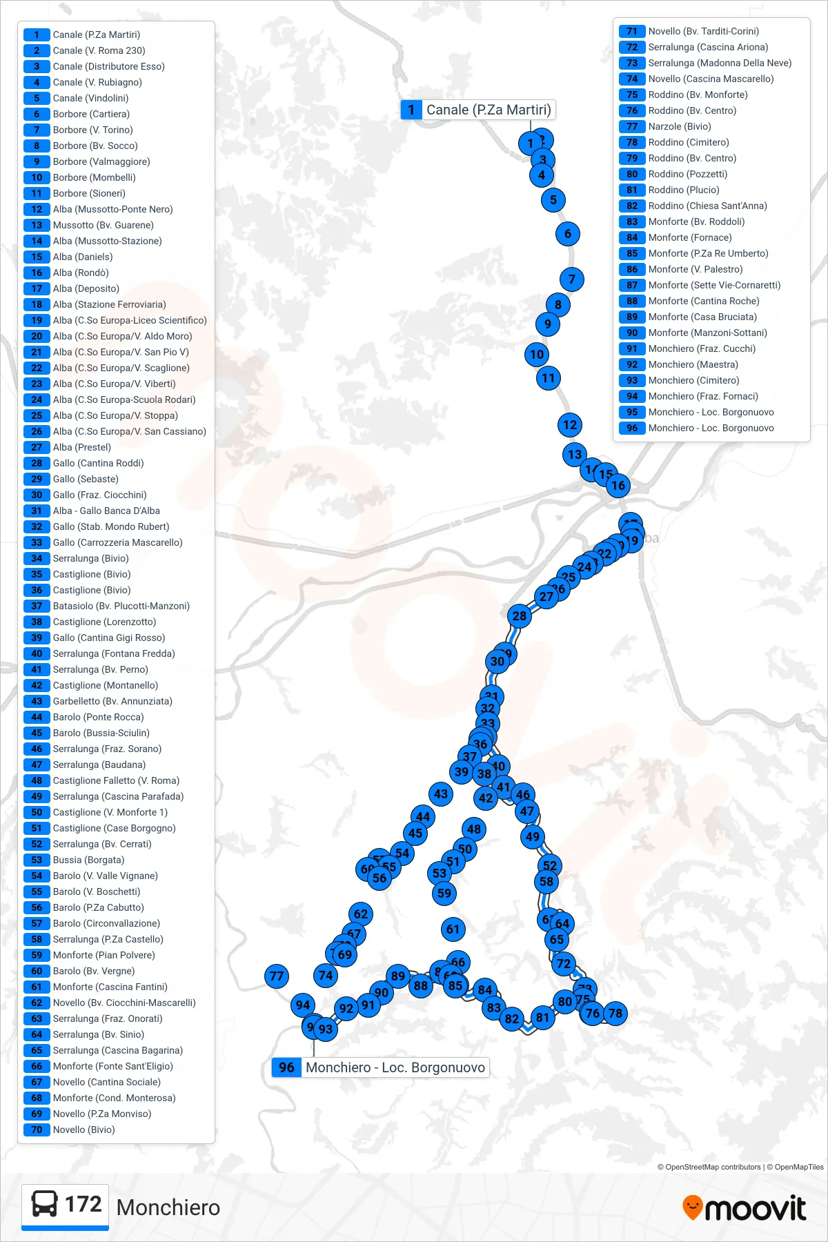 Linea 172 bus (Monchiero) - Percorsi e fermate sulla mappa