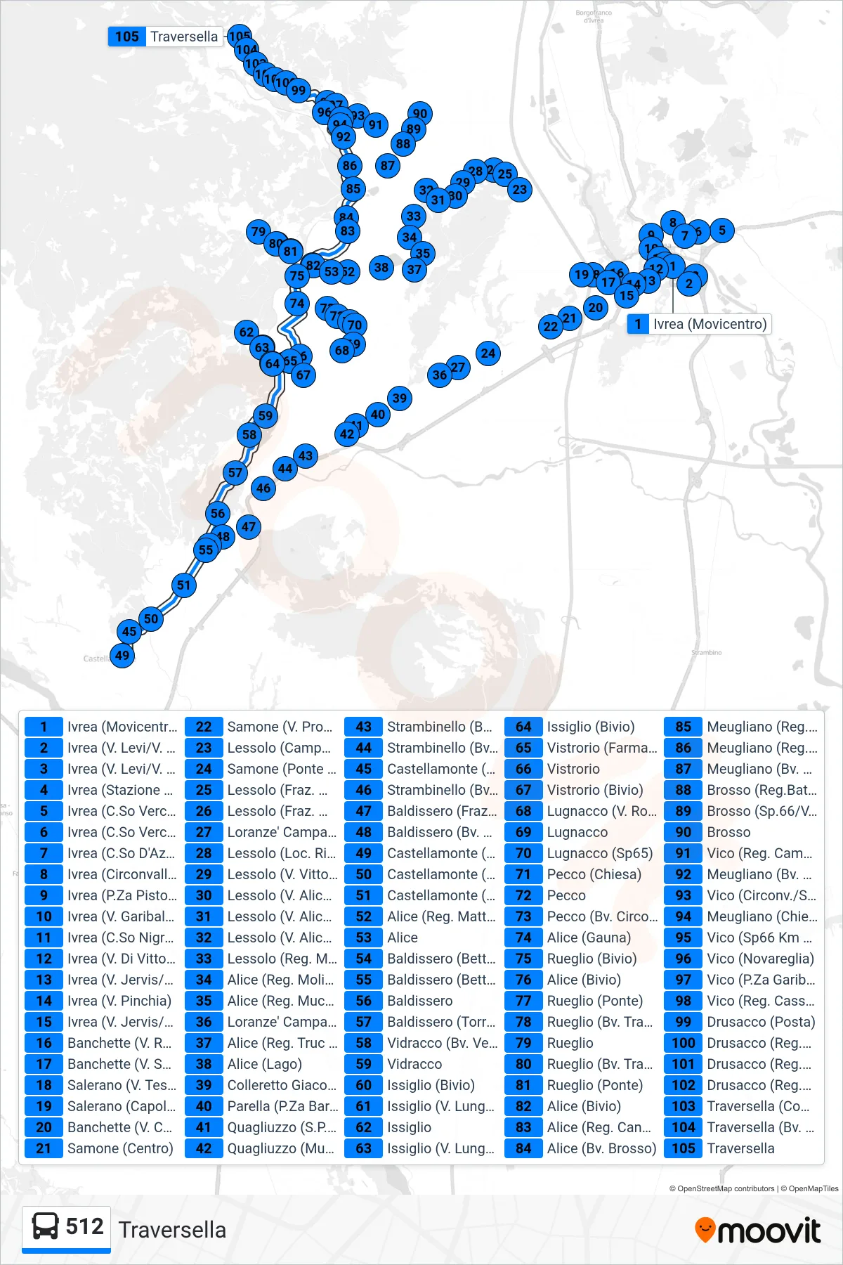 Linea 512 bus (Traversella) - Percorsi e fermate sulla mappa