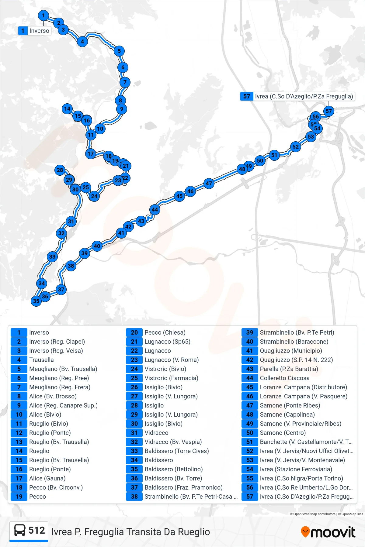 Linea 512 bus (Ivrea P. Freguglia Transita Da Rueglio) - Percorsi e fermate sulla mappa