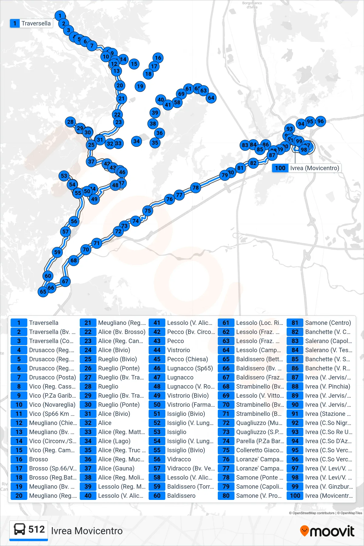 Linea 512 bus (Ivrea Movicentro) - Percorsi e fermate sulla mappa