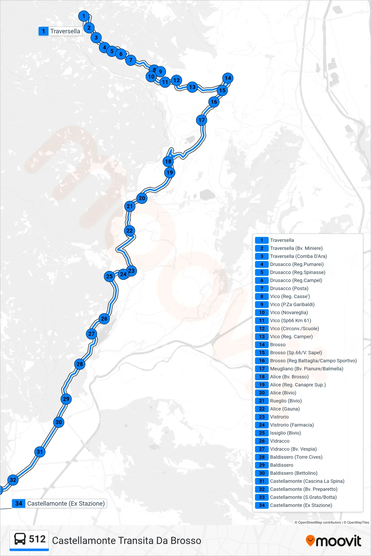 Linea 512  bus (Castellamonte Transita Da Brosso) - Percorsi e fermate sulla mappa