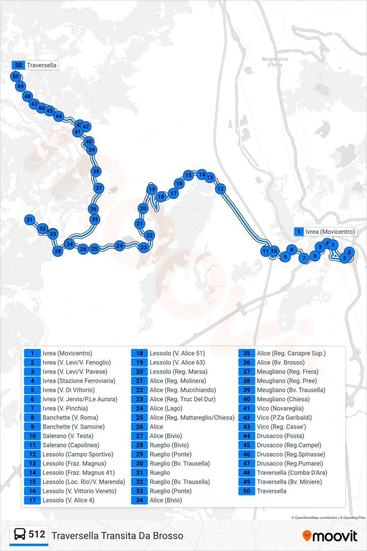 Linea 512 bus (Traversella Transita Da Brosso) - Percorsi e fermate sulla mappa