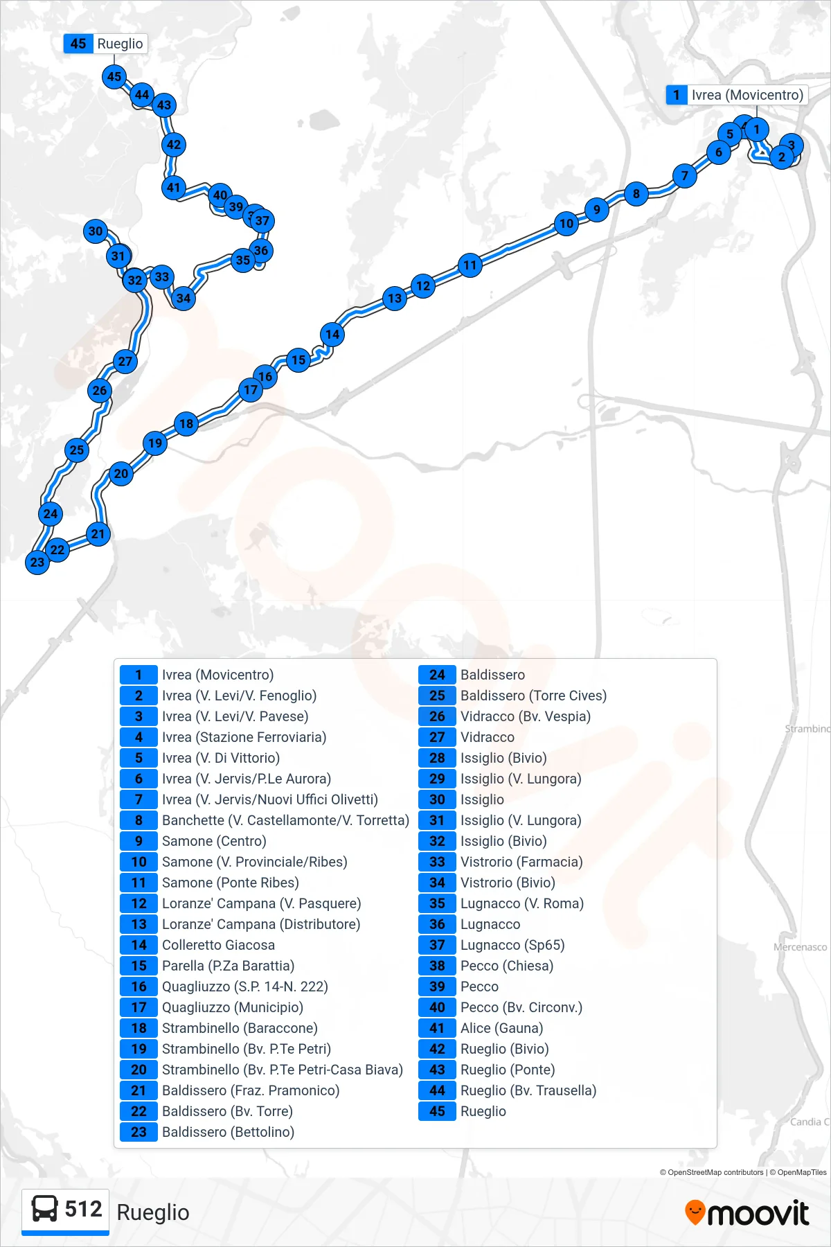 Linea 512 bus (Rueglio) - Percorsi e fermate sulla mappa