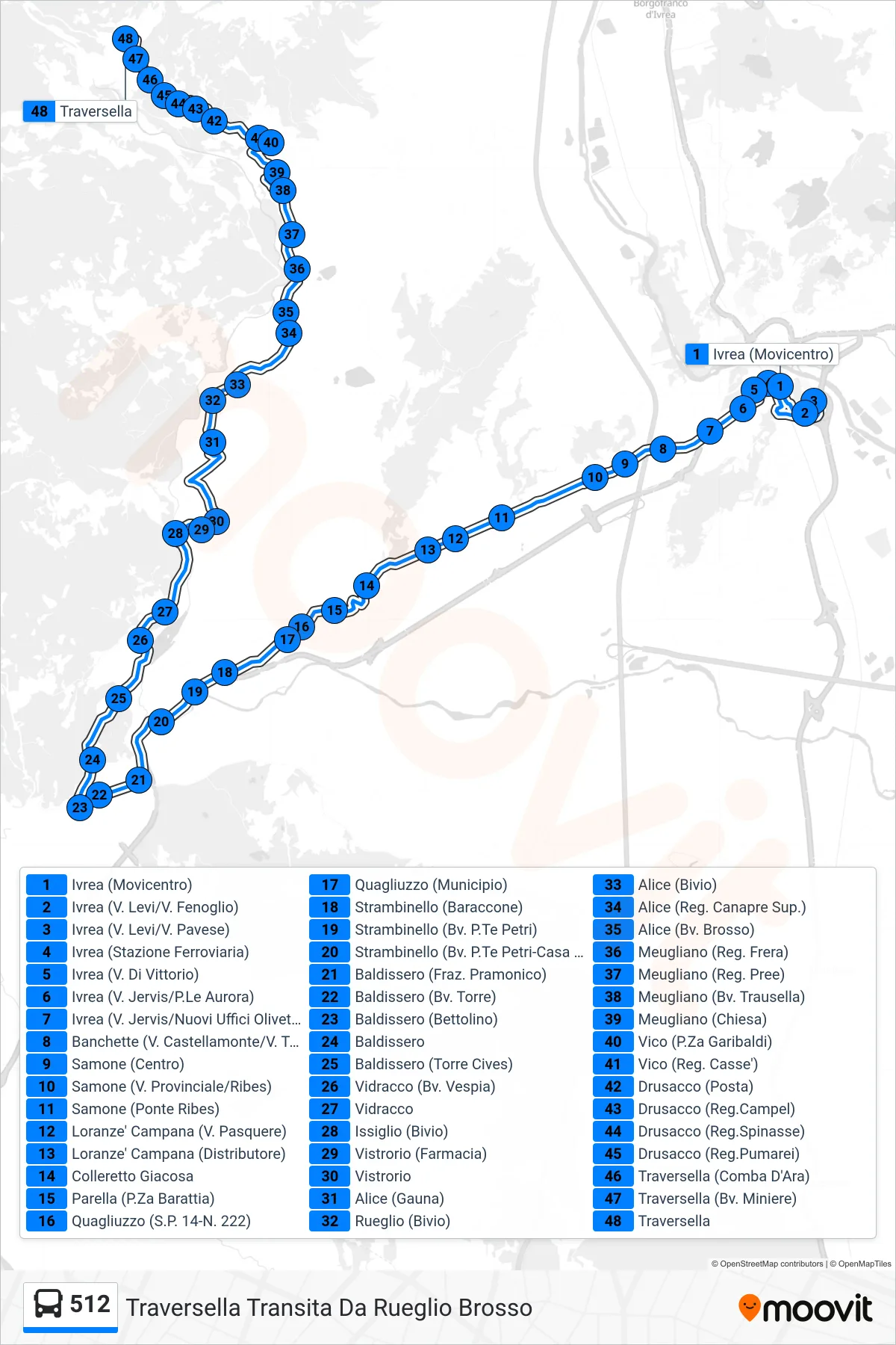 Linea 512 bus (Traversella Transita Da Rueglio Brosso) - Percorsi e fermate sulla mappa