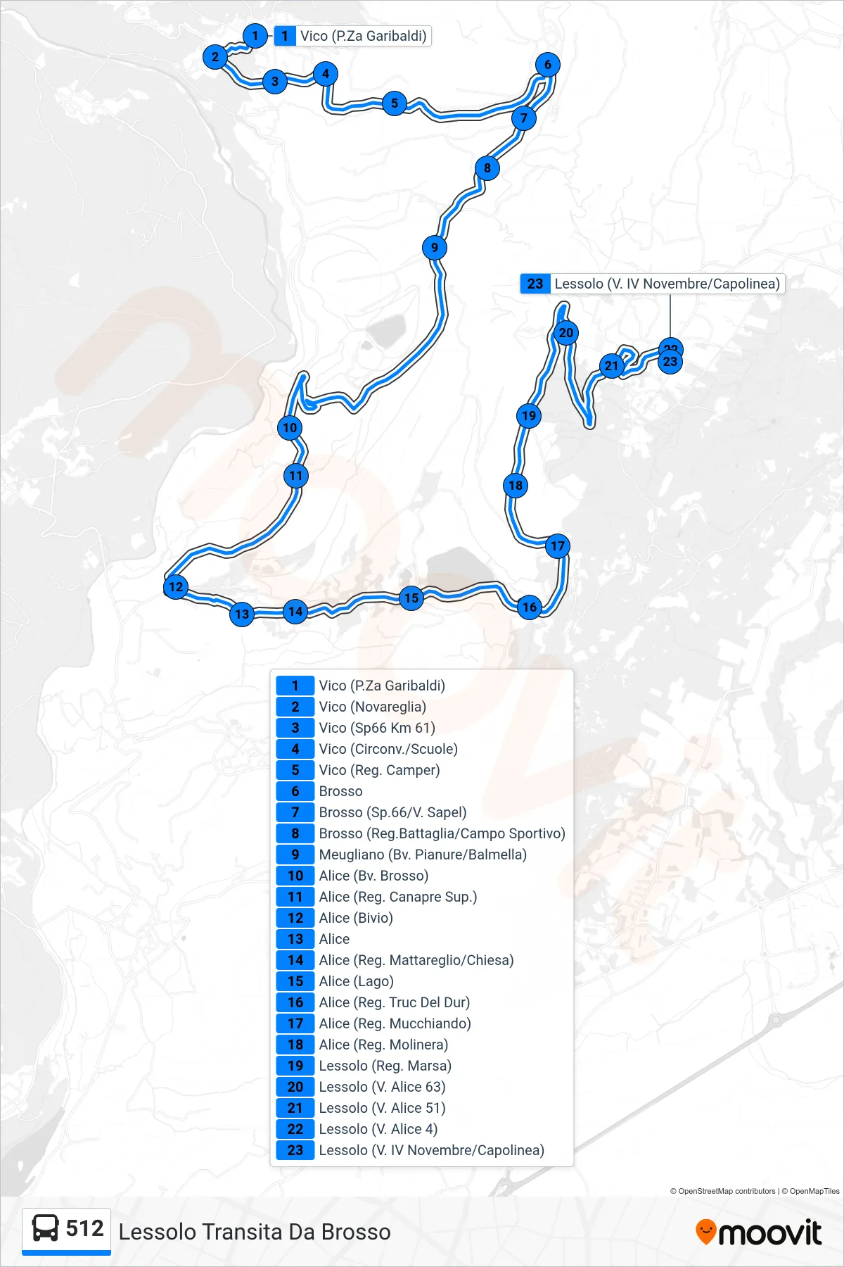 Linea 512 bus (Lessolo Transita Da Brosso) - Percorsi e fermate sulla mappa