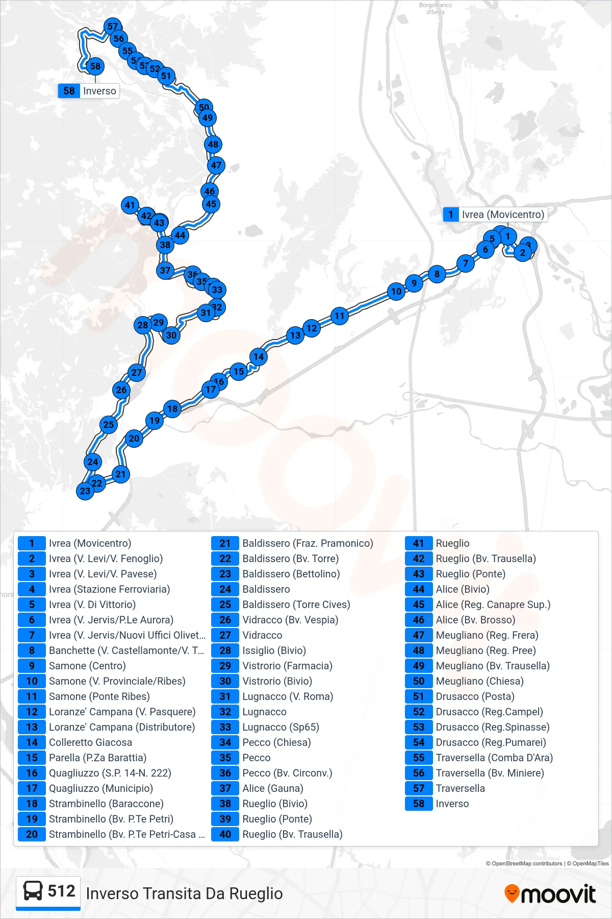 Linea 512 bus (Inverso Transita Da Rueglio) - Percorsi e fermate sulla mappa