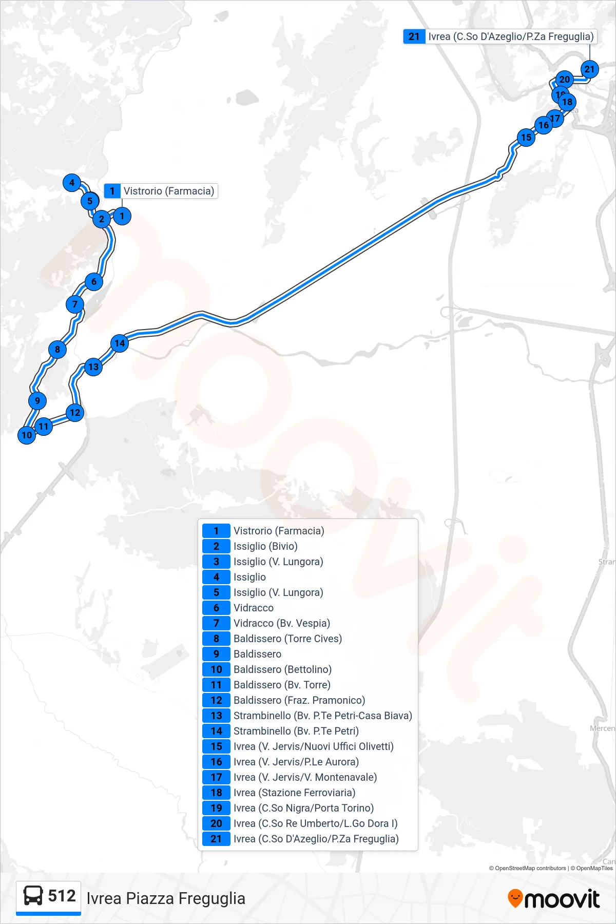 Linea 512 bus (Ivrea Piazza Freguglia) - Percorsi e fermate sulla mappa
