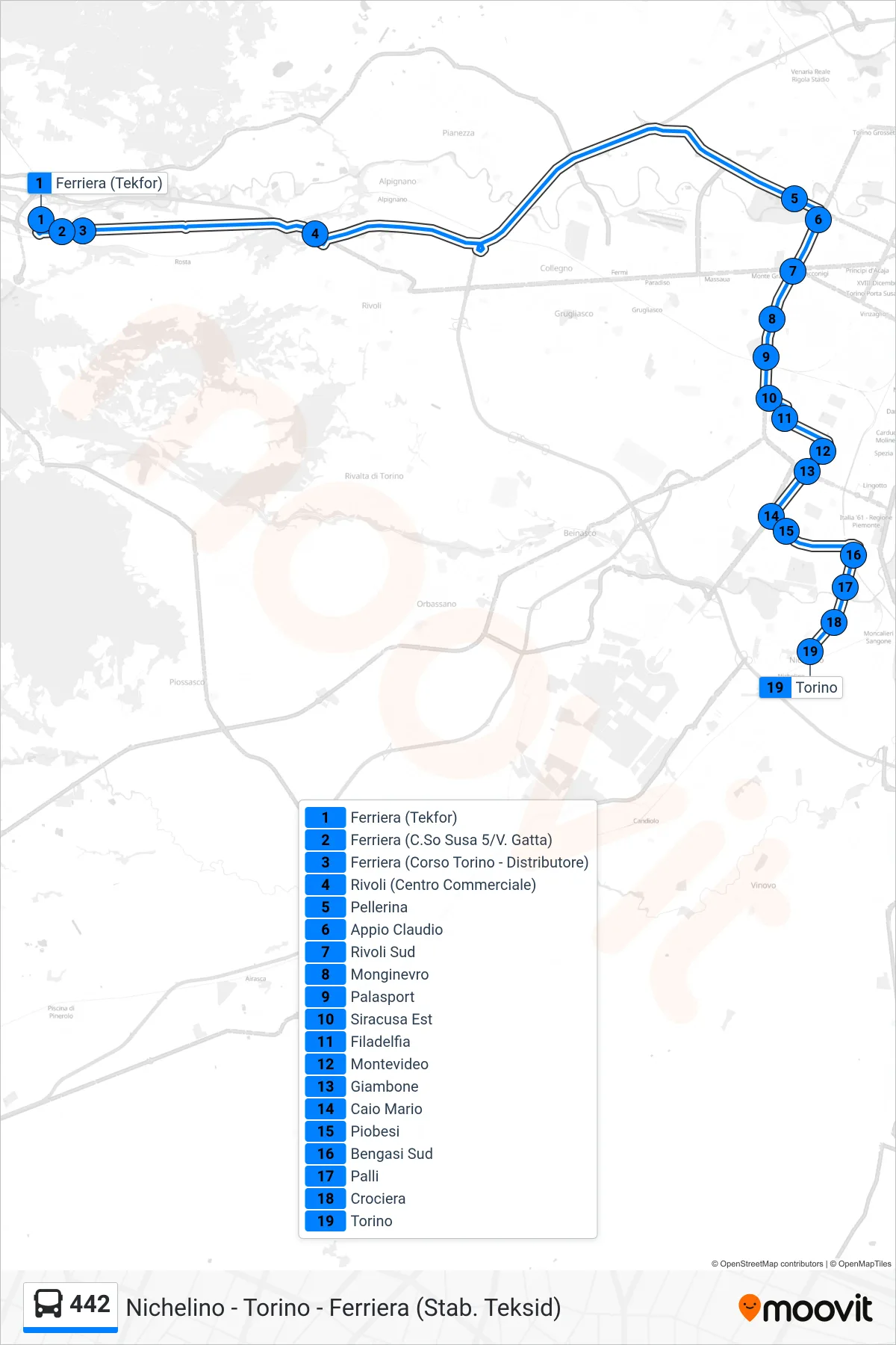 Linea 442 bus (Torino) - Percorsi e fermate sulla mappa