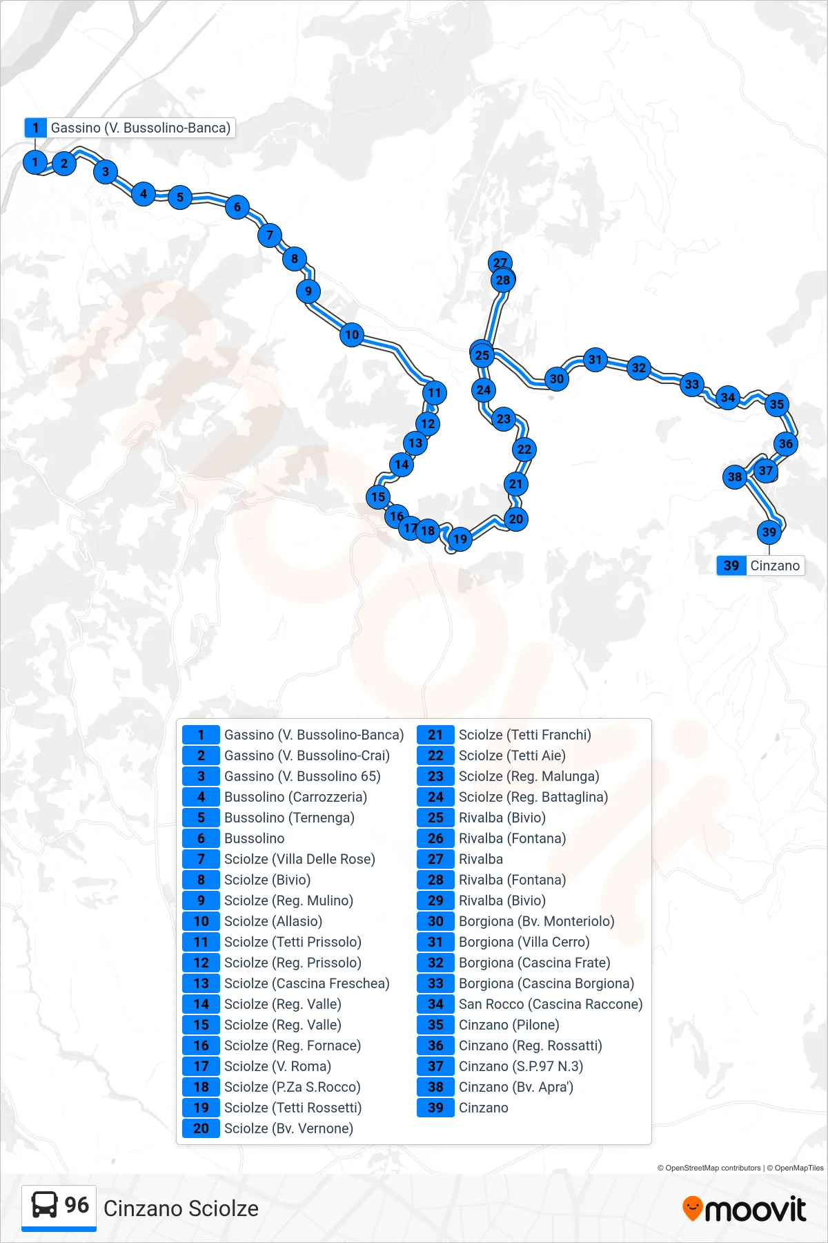 Linea 96 bus (Cinzano Sciolze) - Percorsi e fermate sulla mappa