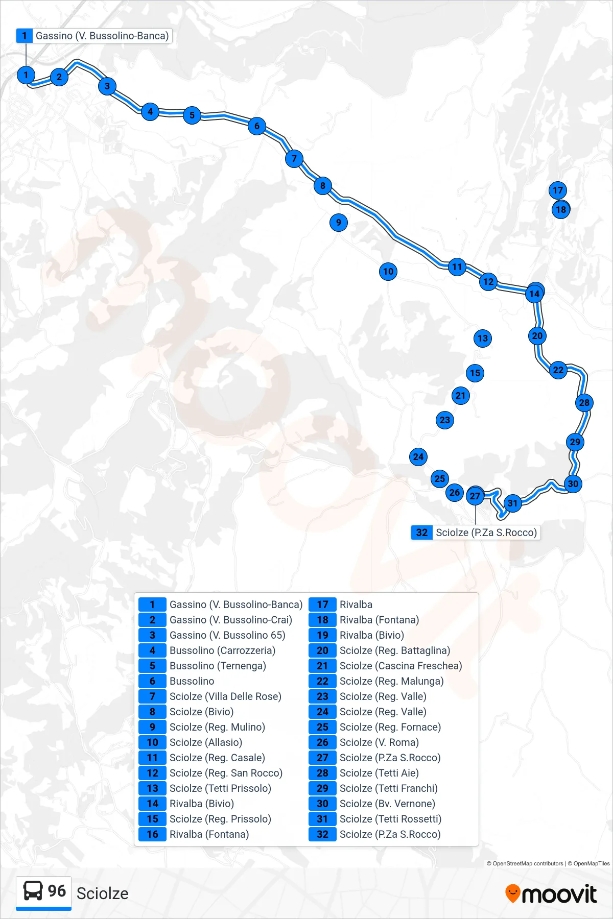Linea 96  bus (Sciolze) - Percorsi e fermate sulla mappa