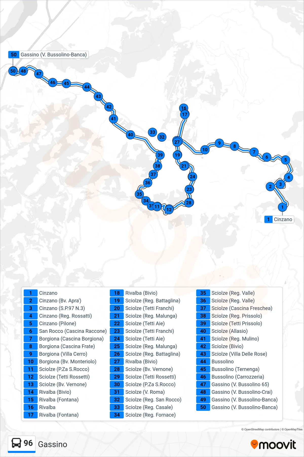 Linea 96 bus (Gassino) - Percorsi e fermate sulla mappa